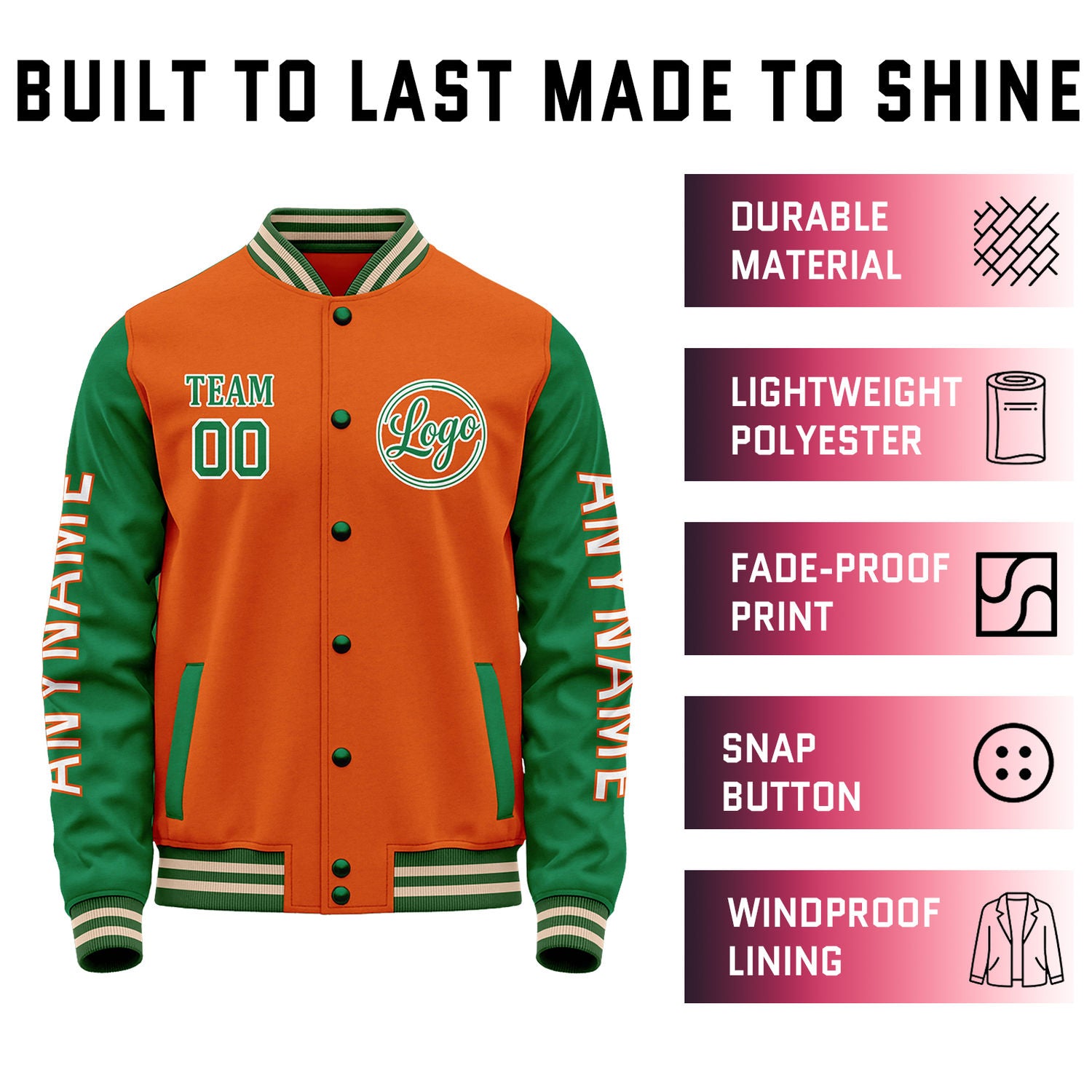 Custom Orange & Green Color Block Varsity Jacket | Personalized Letterman Bomber with Sleeve Text & Logo