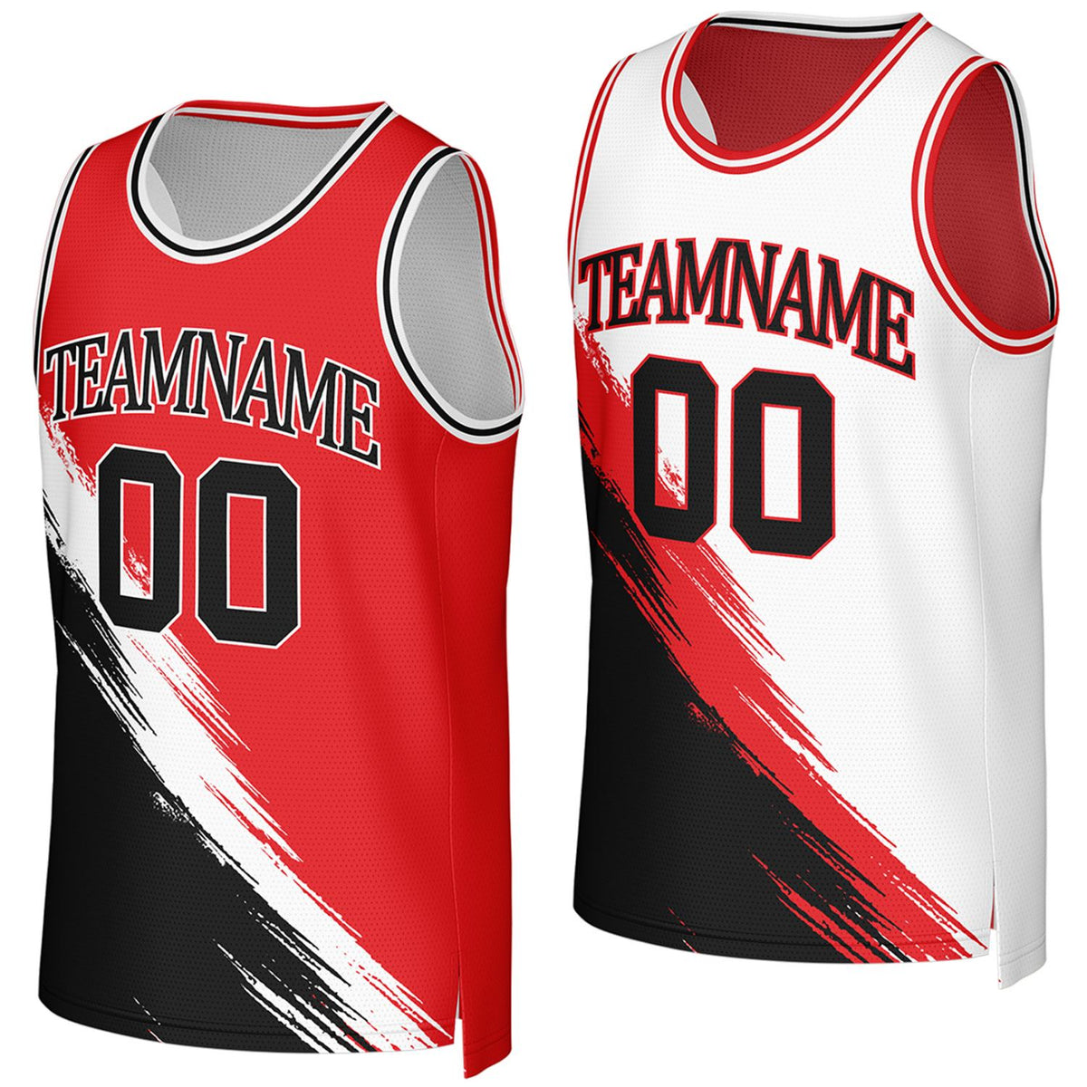 custom varsity basketball jerseys red white reversible by Vosoli, Personalized team name, number &amp; logo.