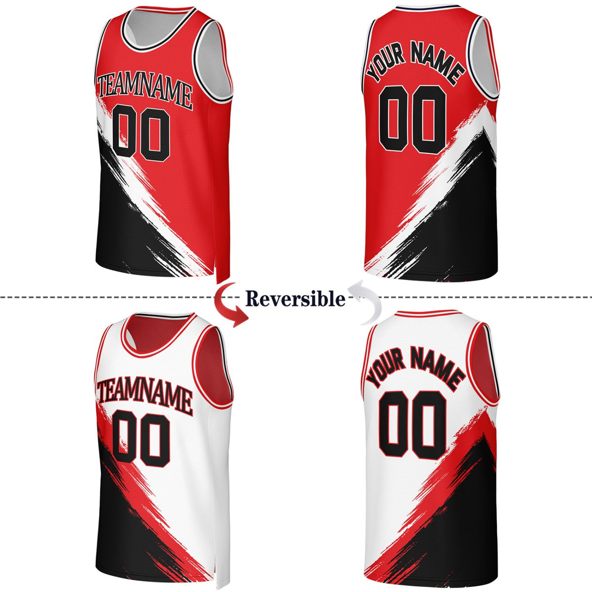 Custom Red & White Brush Stroke Reversible Basketball Jersey | Personalized Team Uniforms for Adult & Youth