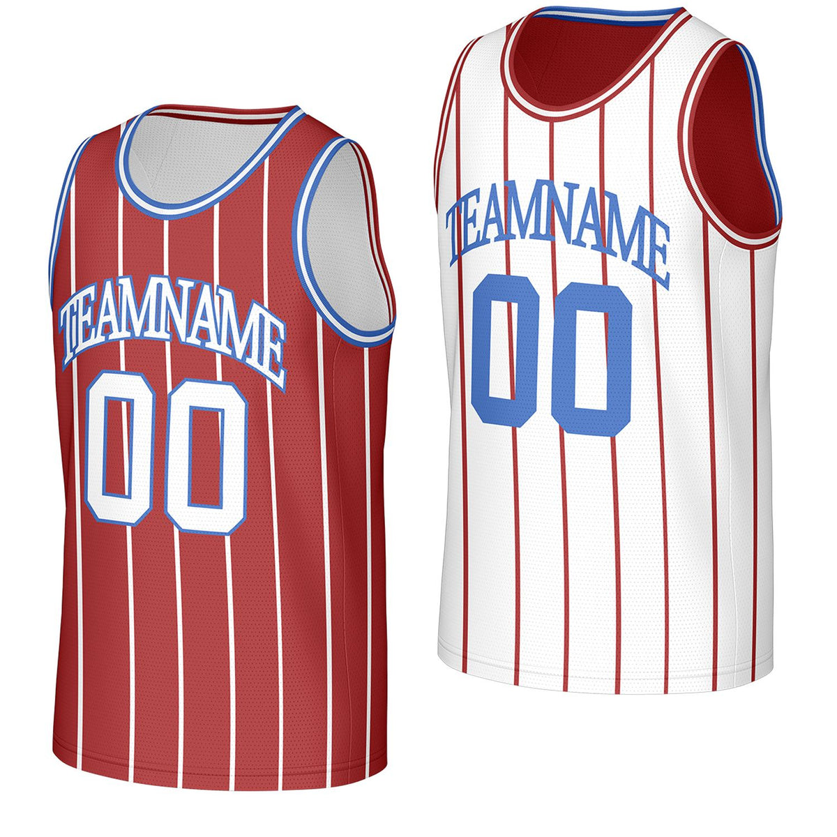 custom varsity basketball jerseys red white stripe reversible by Vosoli, personalized team name, number &amp; logo, breathable mesh dual sided basketball jersey for varsity team games