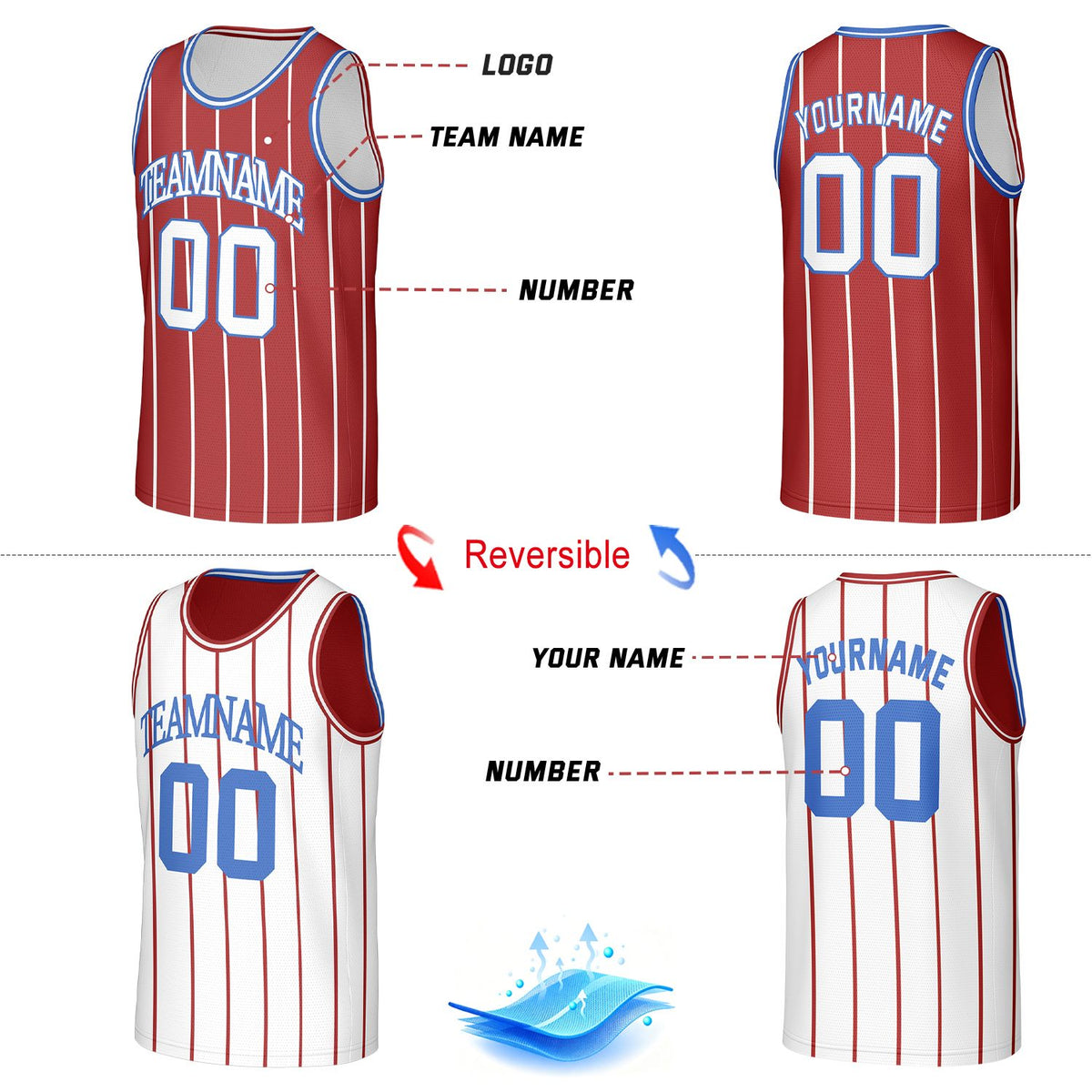 Custom Striped Reversible Basketball Jersey Red & White Mesh Team Uniform for Adult Youth