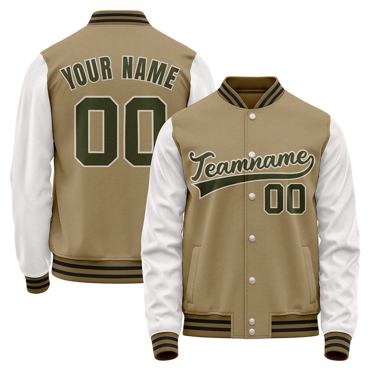 Custom varsity jacket manufacturer, khaki and white varsity bomber jacket, personalized team name, player number and custom logo.