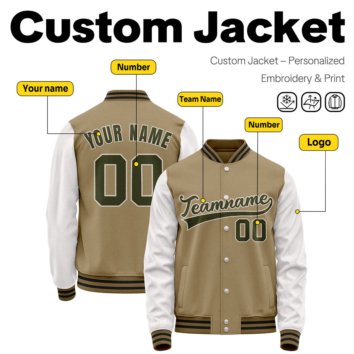 Custom Khaki & White Two-Tone Varsity Jacket | Personalized Baseball Bomber with Name, Number & Logo