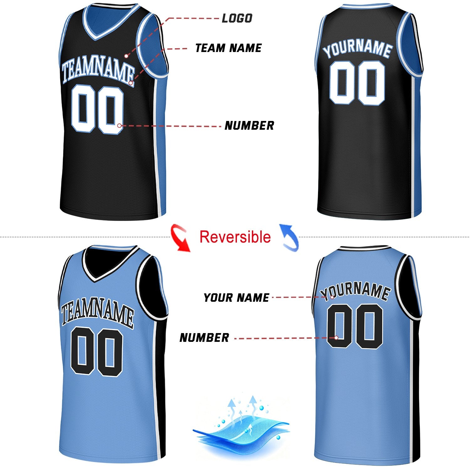 Custom Black & Light Blue Double Sided Basketball Uniform Set | Personalized Team Uniforms for Adult & Youth