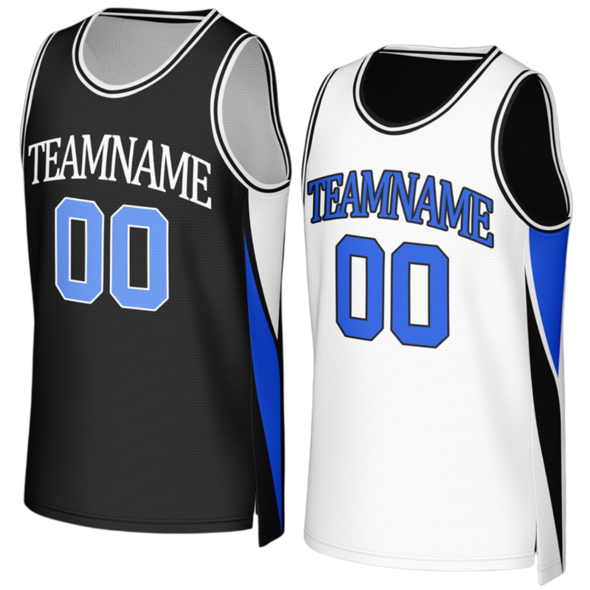 Custom black and white reversible basketball jersey by Vosoli with personalized team name, number and logo on both sides, breathable mesh 2-in-1 jersey for high school, college and AAU teams