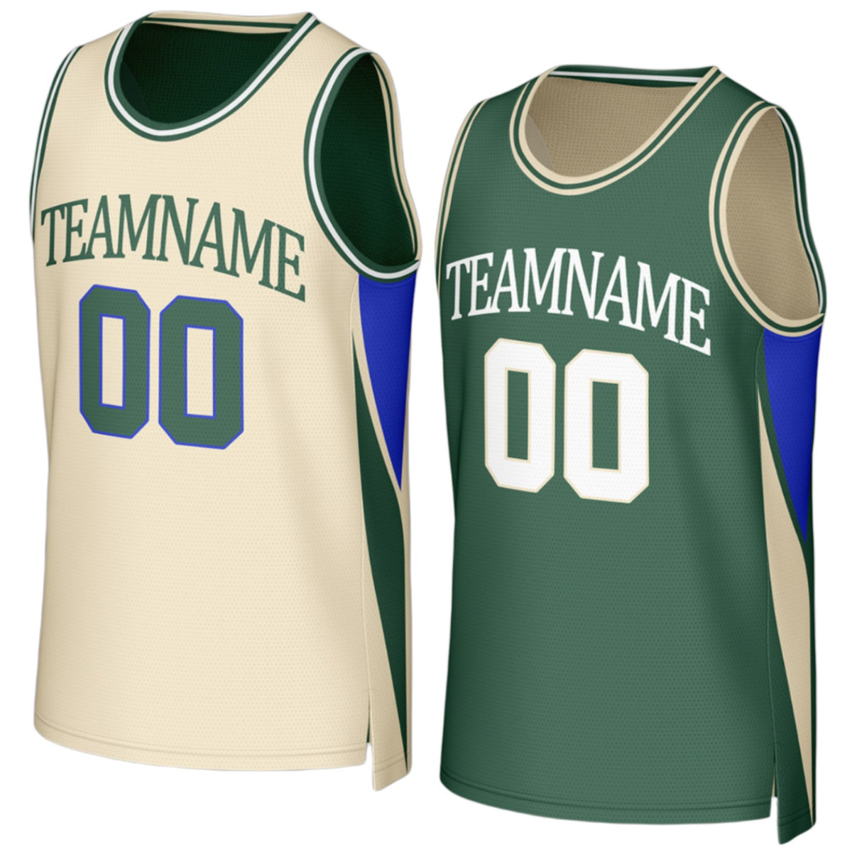 Custom cream and green reversible basketball jersey by Vosoli with personalized team name, number and logo on both sides, breathable mesh 2‑in‑1 jersey for high school, college and AAU varsity teams