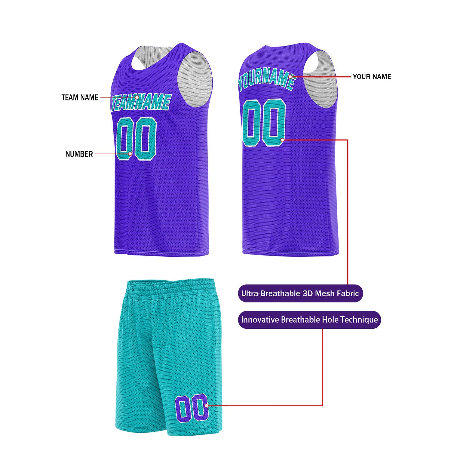 Custom Vibrant Purple & Turquoise Basketball Jersey + Shorts Set - Personalized Team Name, Number | Vosoli