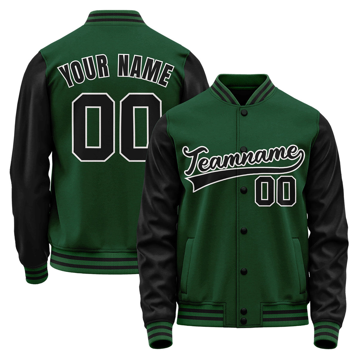 Custom warm baseball jacket, green and black varsity bomber jacket, personalized team name, player number and custom logo.