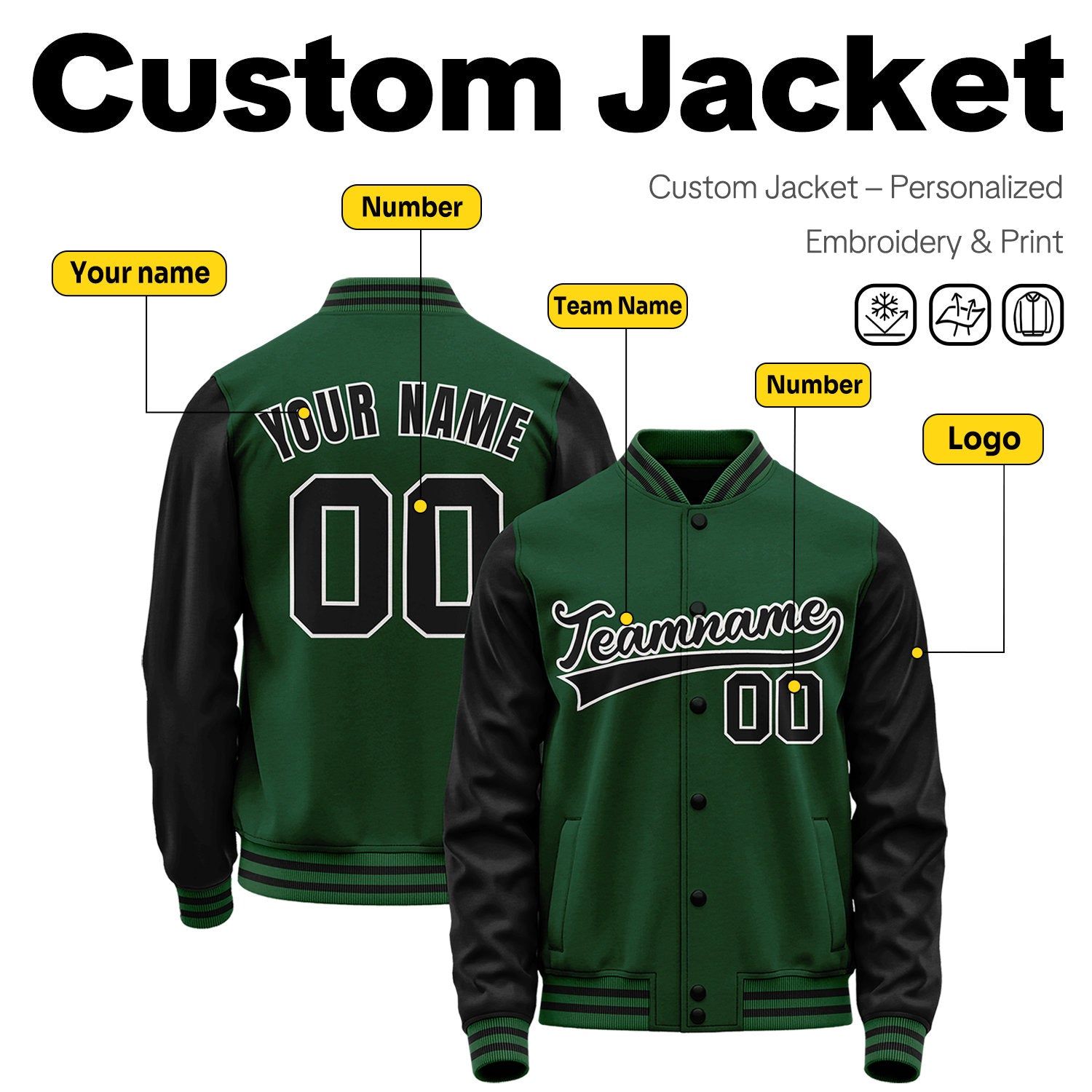 Custom Green & Black Two-Tone Varsity Jacket | Personalized Baseball Bomber with Name, Number & Logo
