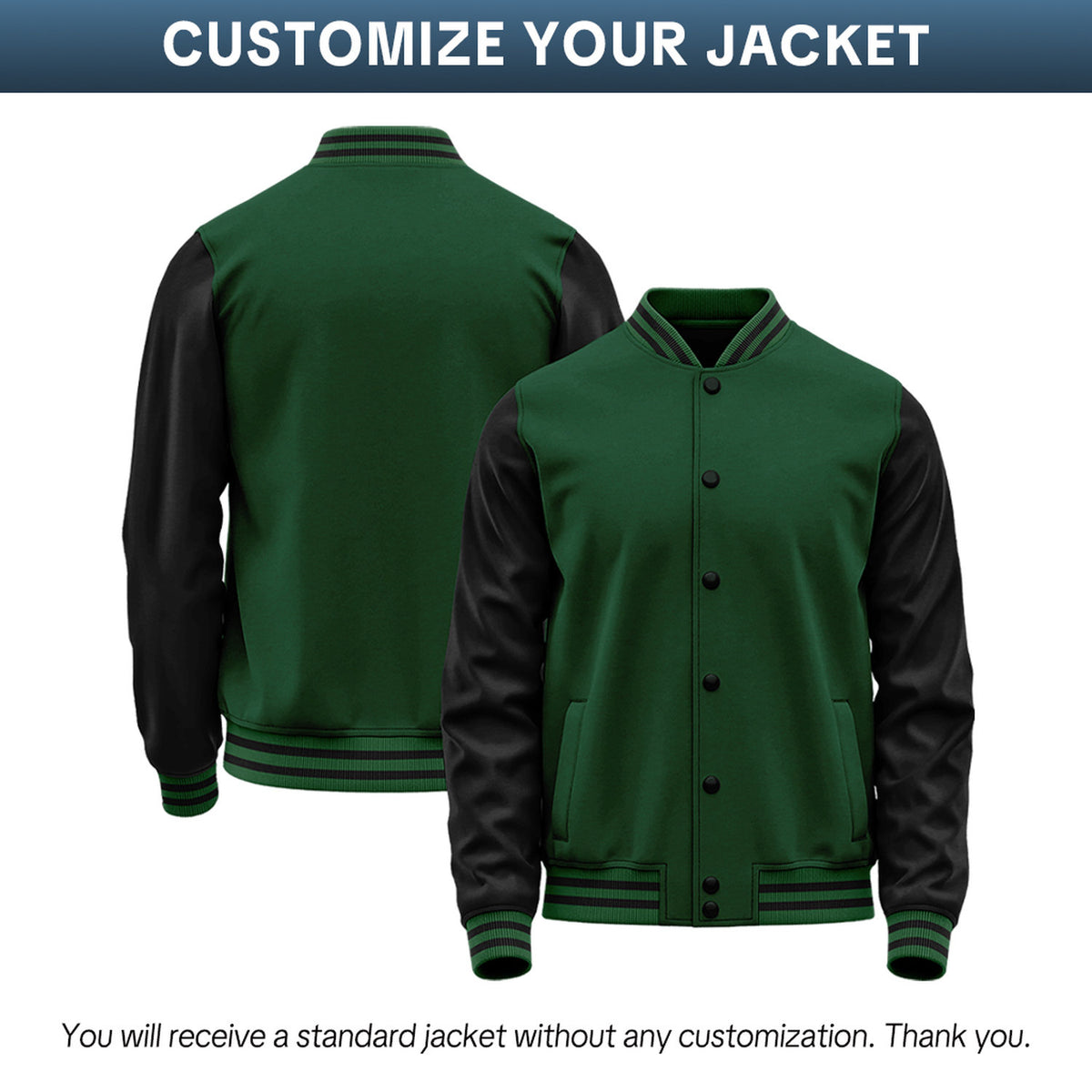 Custom Green & Black Two-Tone Varsity Jacket | Personalized Baseball Bomber with Name, Number & Logo