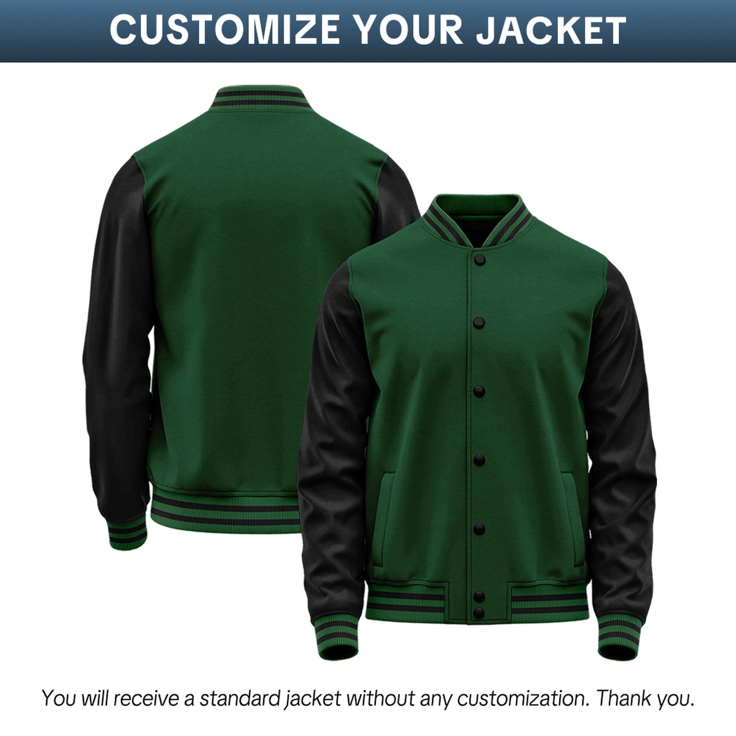 Custom Green & Black Two-Tone Varsity Jacket | Personalized Baseball Bomber with Name, Number & Logo