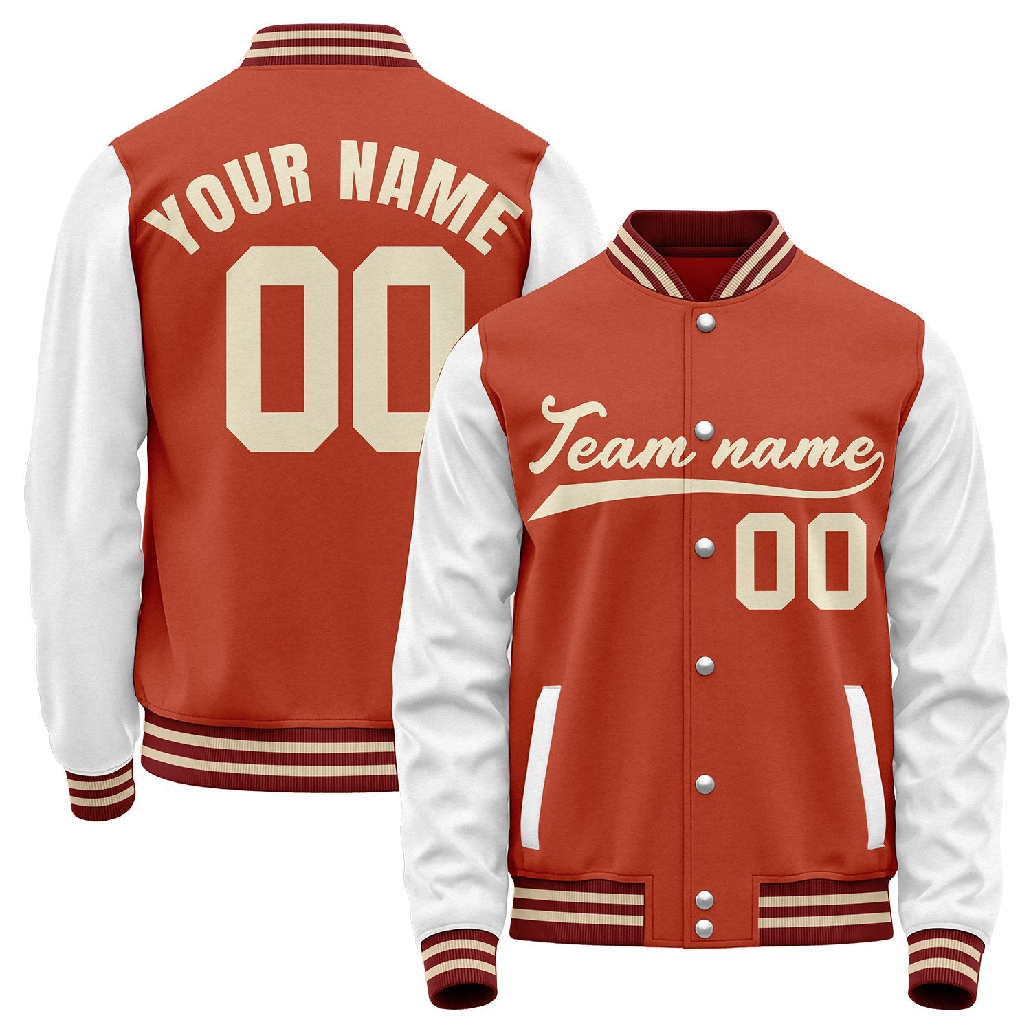 Custom warm up jacket for baseball team, rust red and white varsity letterman bomber jacket, custom team name, player number and logo.
