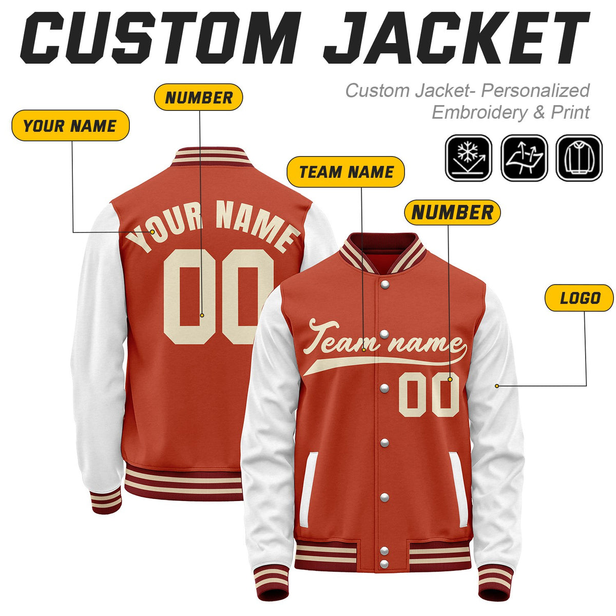 Custom Rust Red & White Baseball Bomber Jacket | Retro Collegiate Varsity & Letterman