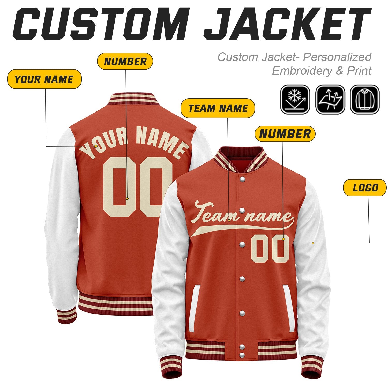 Custom Rust Red & White Baseball Bomber Jacket | Retro Collegiate Varsity & Letterman
