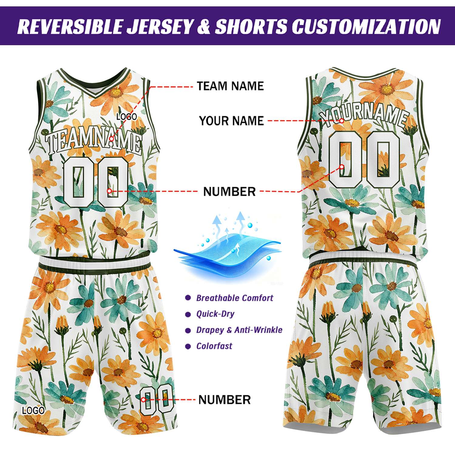Custom watercolor flower basketball jersey & shorts set by Vosoli | Personalized team name & number sportswear