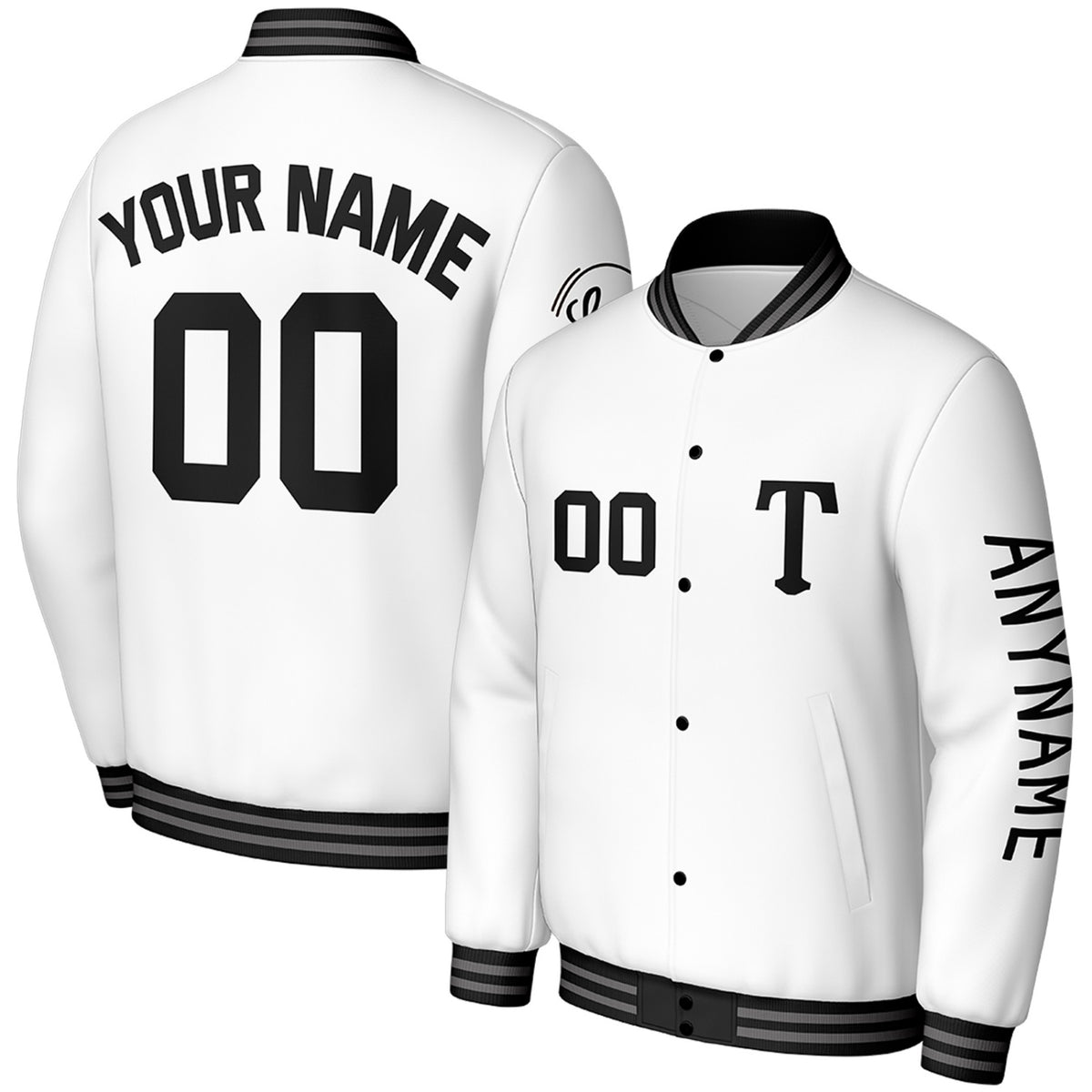 custom white baseball club jackets by Vosoli, personalized stitched name, number &amp; logo, classic button up varsity letterman jacket for baseball club team and casual wear