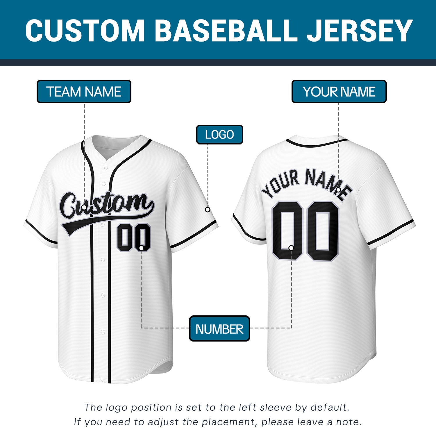 Custom Stitched Baseball Jersey White Black | Personalized Name & Number | Team Uniform