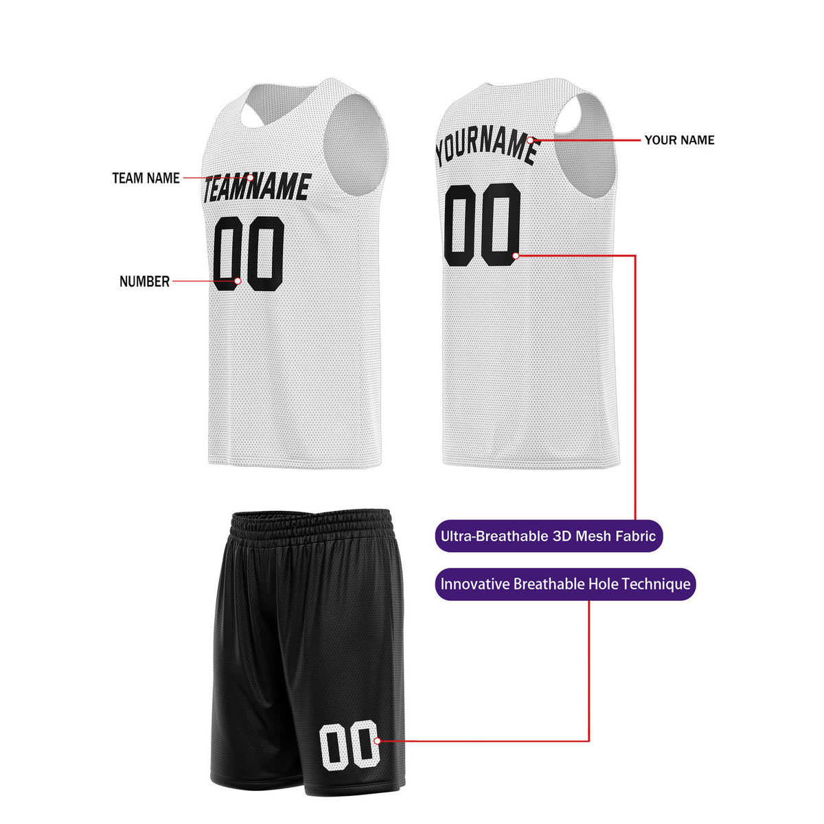 Custom White & Black Basketball Jersey + Shorts Set - Personalized Team Name, Number | Vosoli