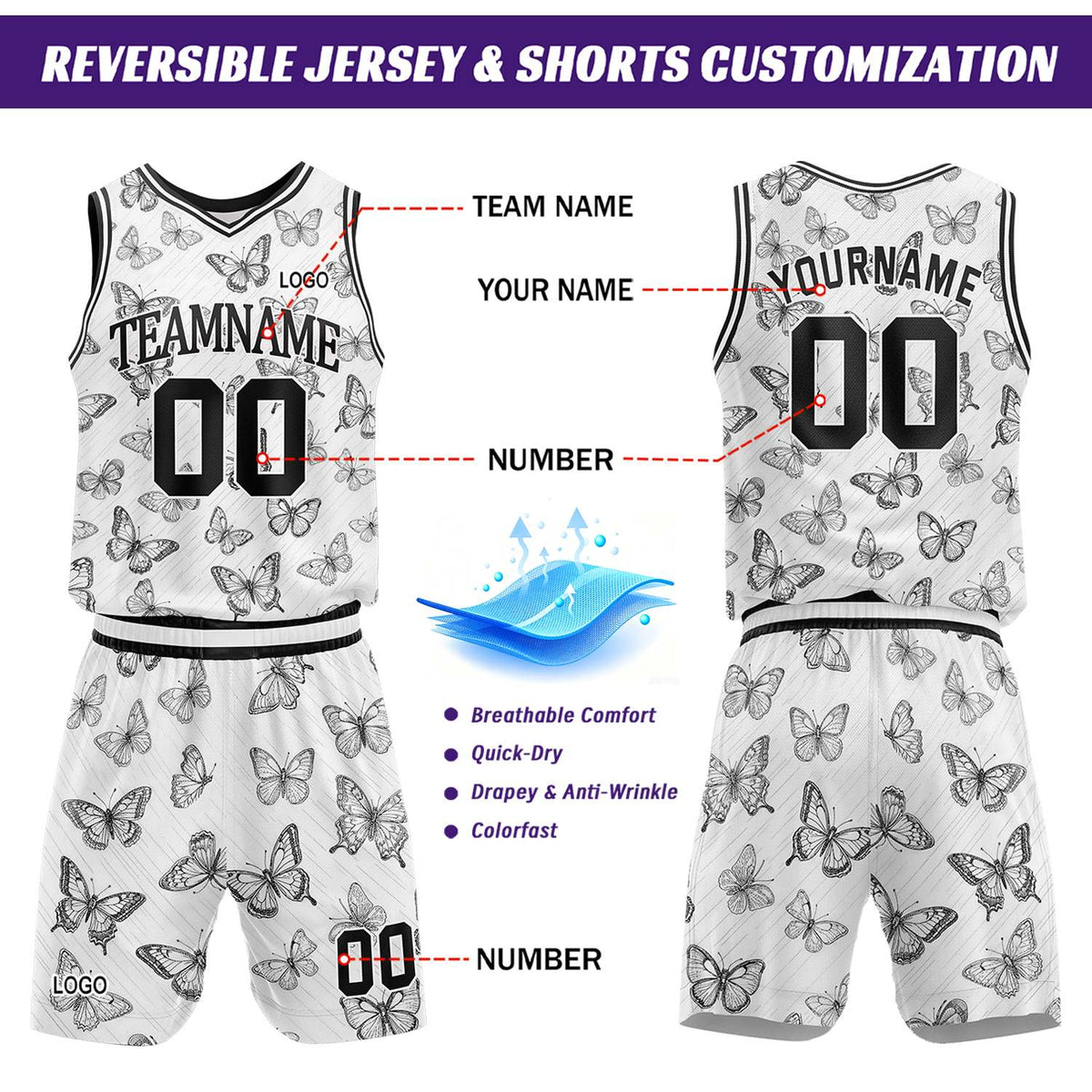 Custom White & Black Butterfly Basketball Jersey & Shorts Set | Personalized Team Uniform