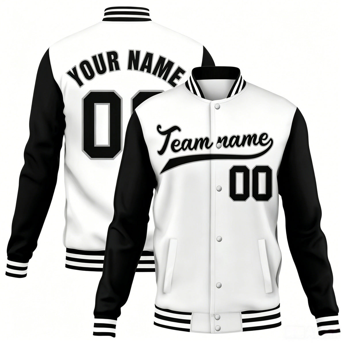 Custom white-black contrast sleeve stitched varsity baseball jacket by Vosoli | Personalized team name &amp; number jacket for youth &amp; adults