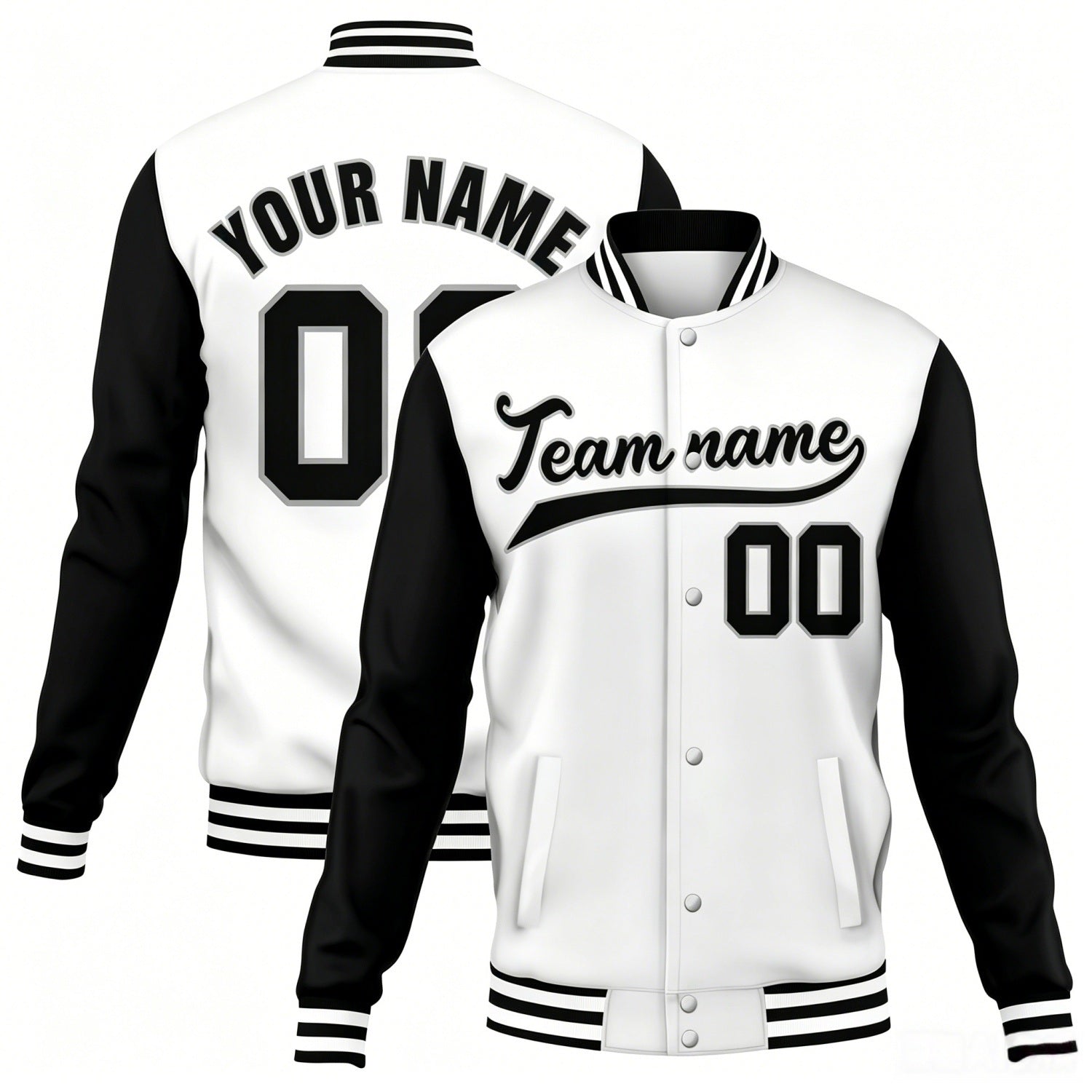 Custom white-black contrast sleeve stitched varsity baseball jacket by Vosoli | Personalized team name & number jacket for youth & adults