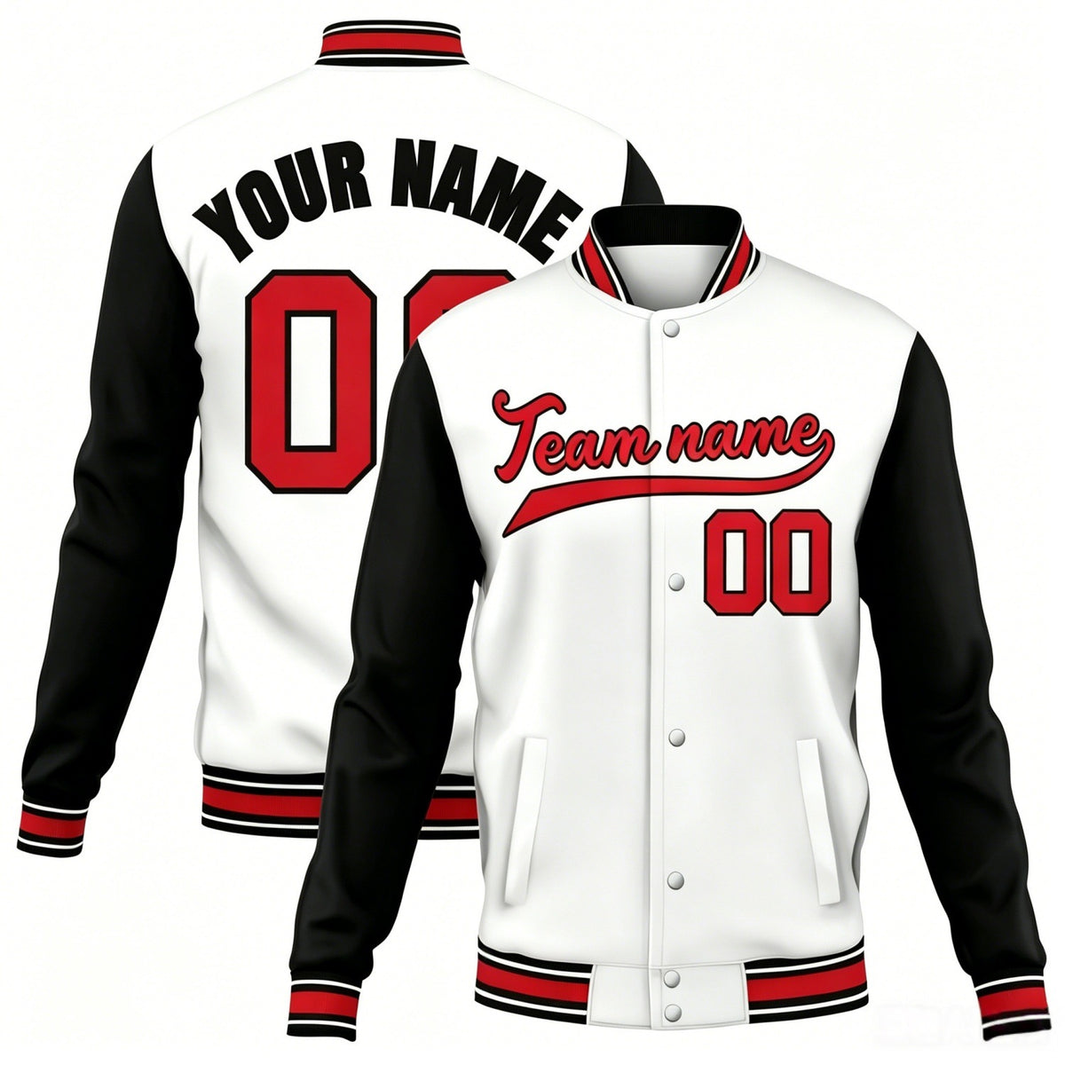 Custom white-black contrast sleeve stitched varsity baseball jacket by Vosoli | Personalized team name &amp; number jacket for youth &amp; adults