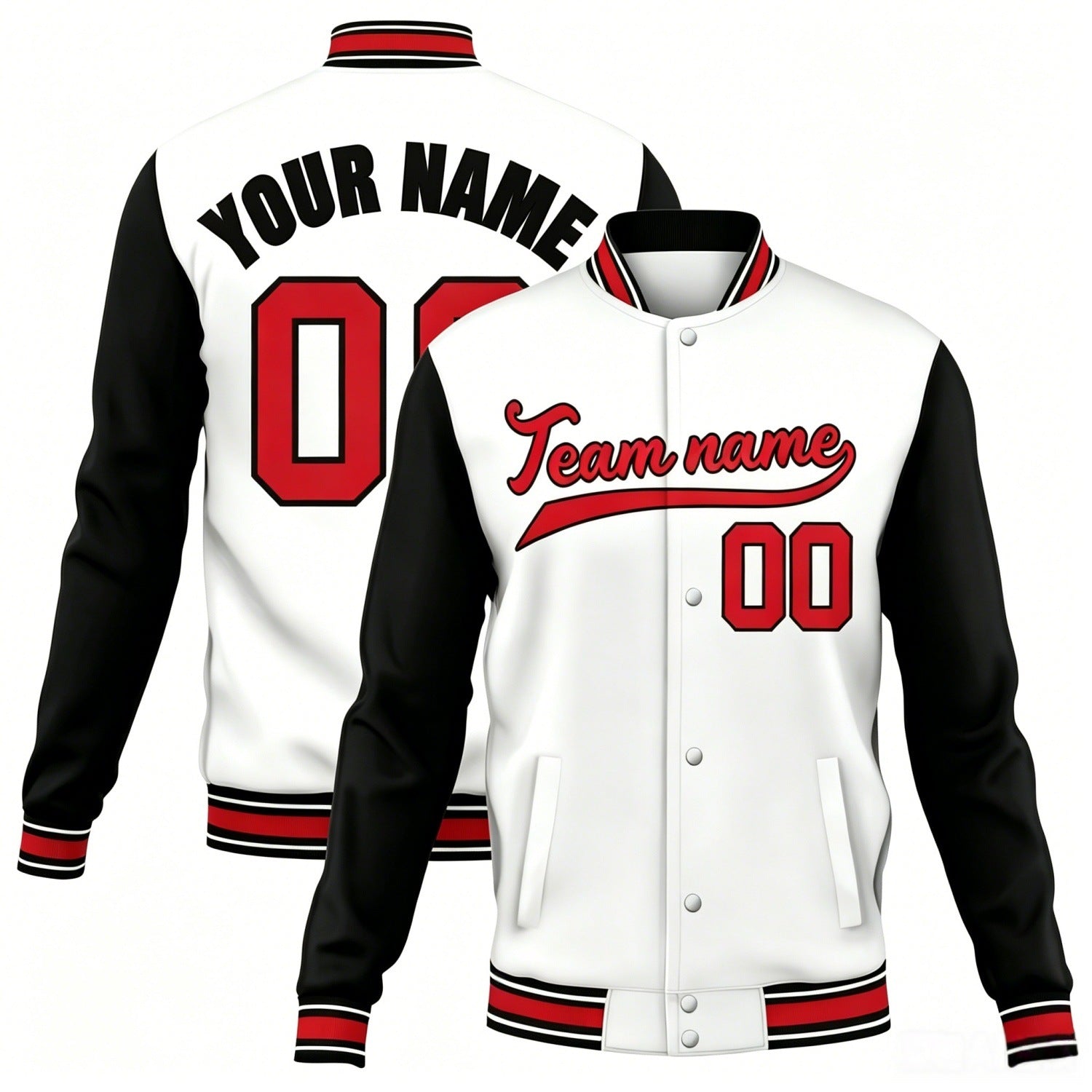 Custom white-black contrast sleeve stitched varsity baseball jacket by Vosoli | Personalized team name & number jacket for youth & adults