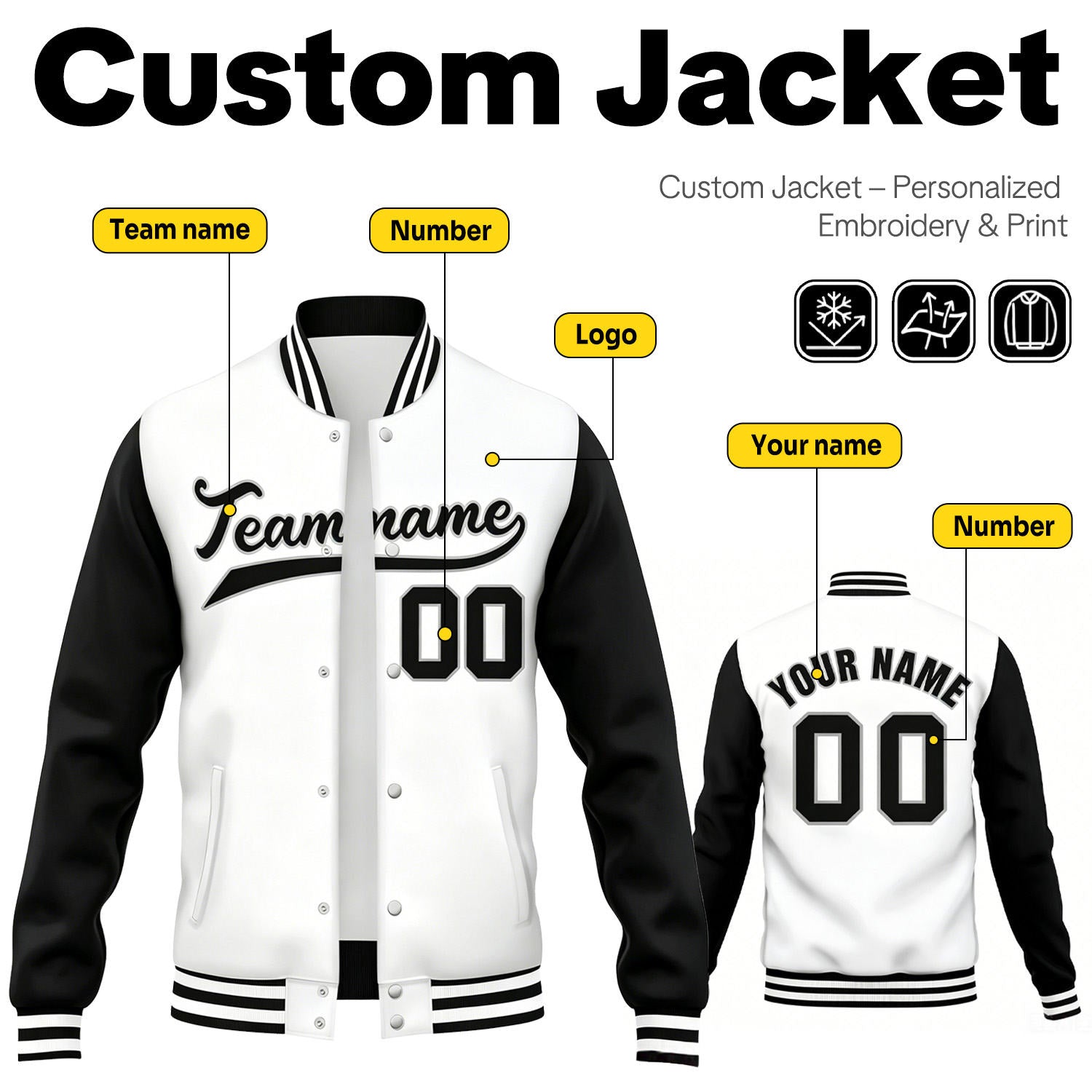 Custom White & Black Contrast Sleeve Varsity Baseball Jacket | Personalized Team Name & Number