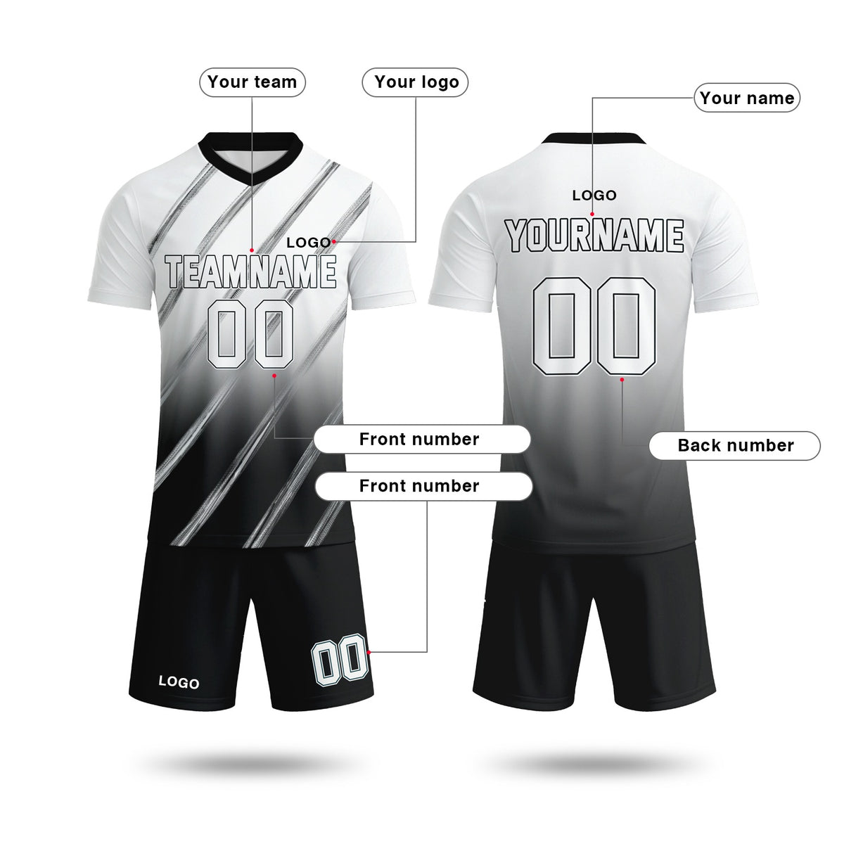 Custom White & Black Gradient Soccer Jersey Set | Personalized Team Uniform | Vosoli