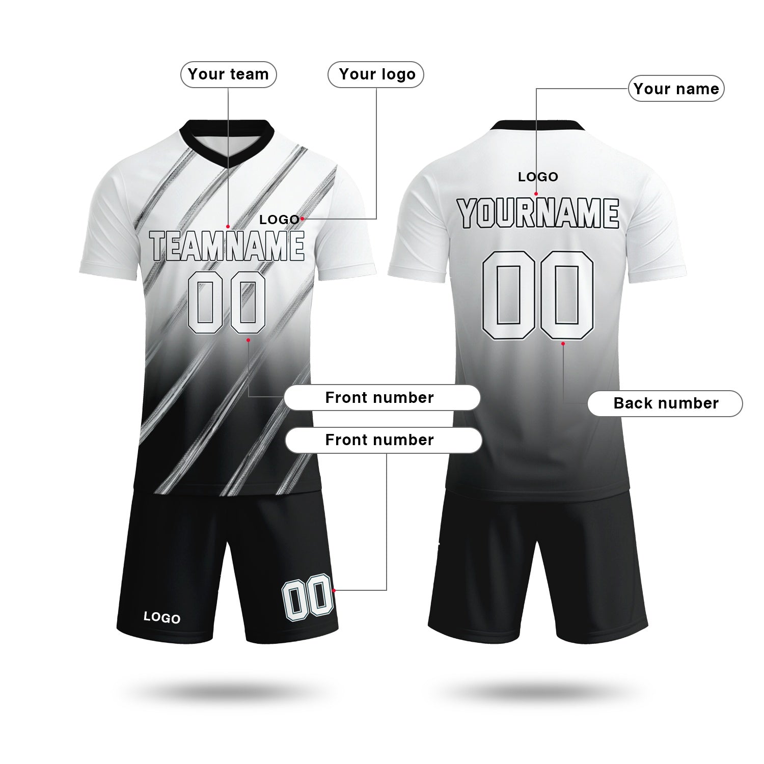 Custom white & black gradient soccer jersey set, personalized name number team logo, short-sleeve jersey with matching shorts sports uniform for men women youth adult game practice - Vosoli