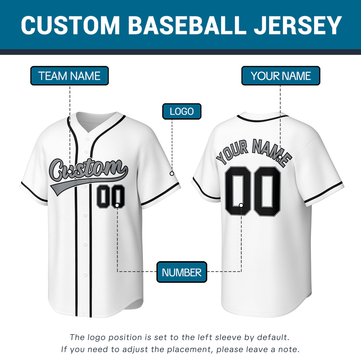 Custom Stitched Baseball Jersey White Black Gray | Personalized Name & Number | Team Uniform