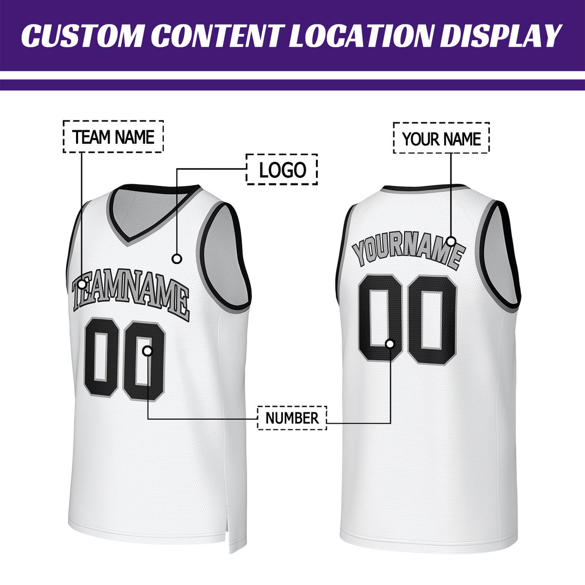 Custom White & Black-Grey Basketball Jersey | Personalized Name & Number Team Uniform