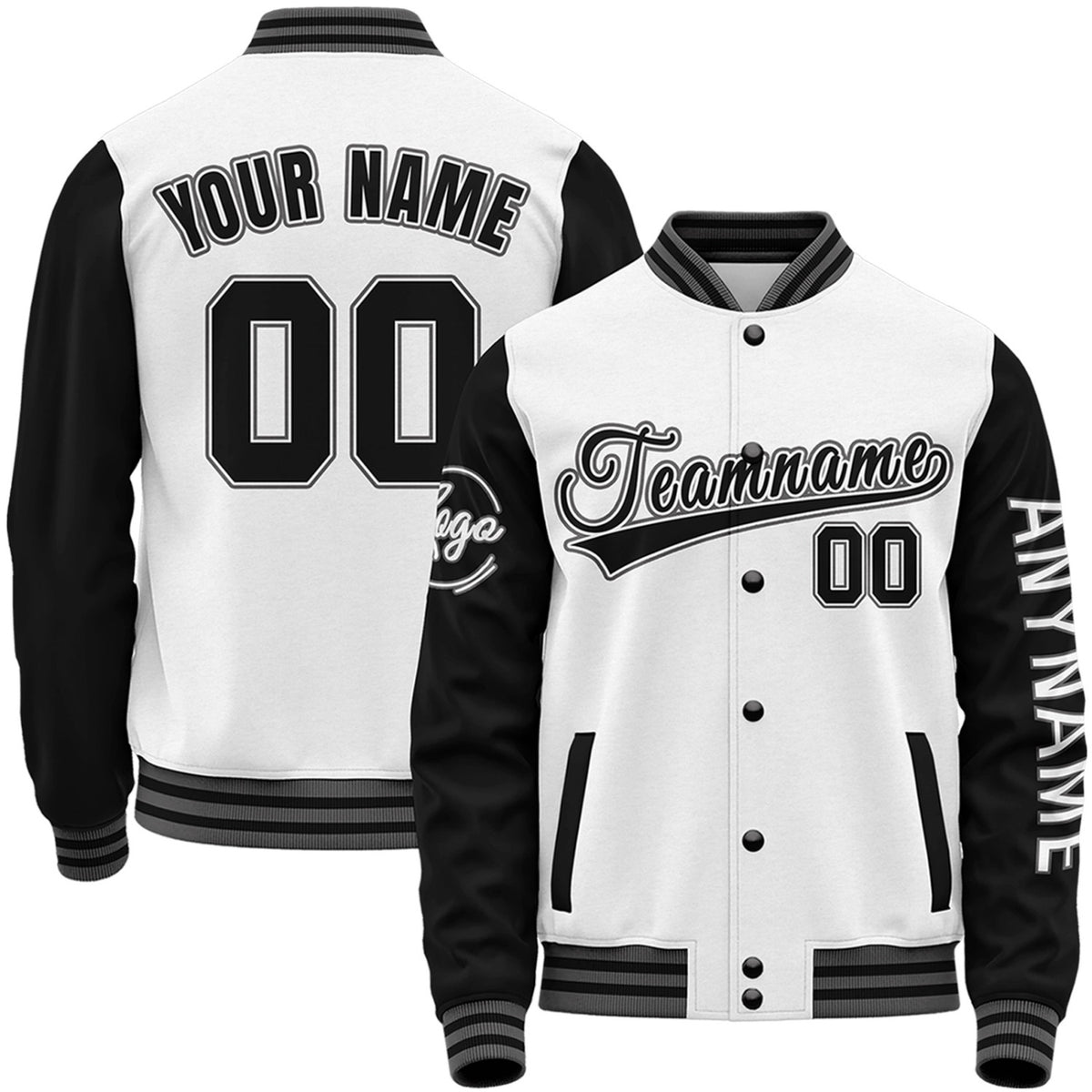 Custom white and black high school baseball team jacket by Vosoli with stitched name, number and logo. Classic varsity jacket for baseball and casual wear.