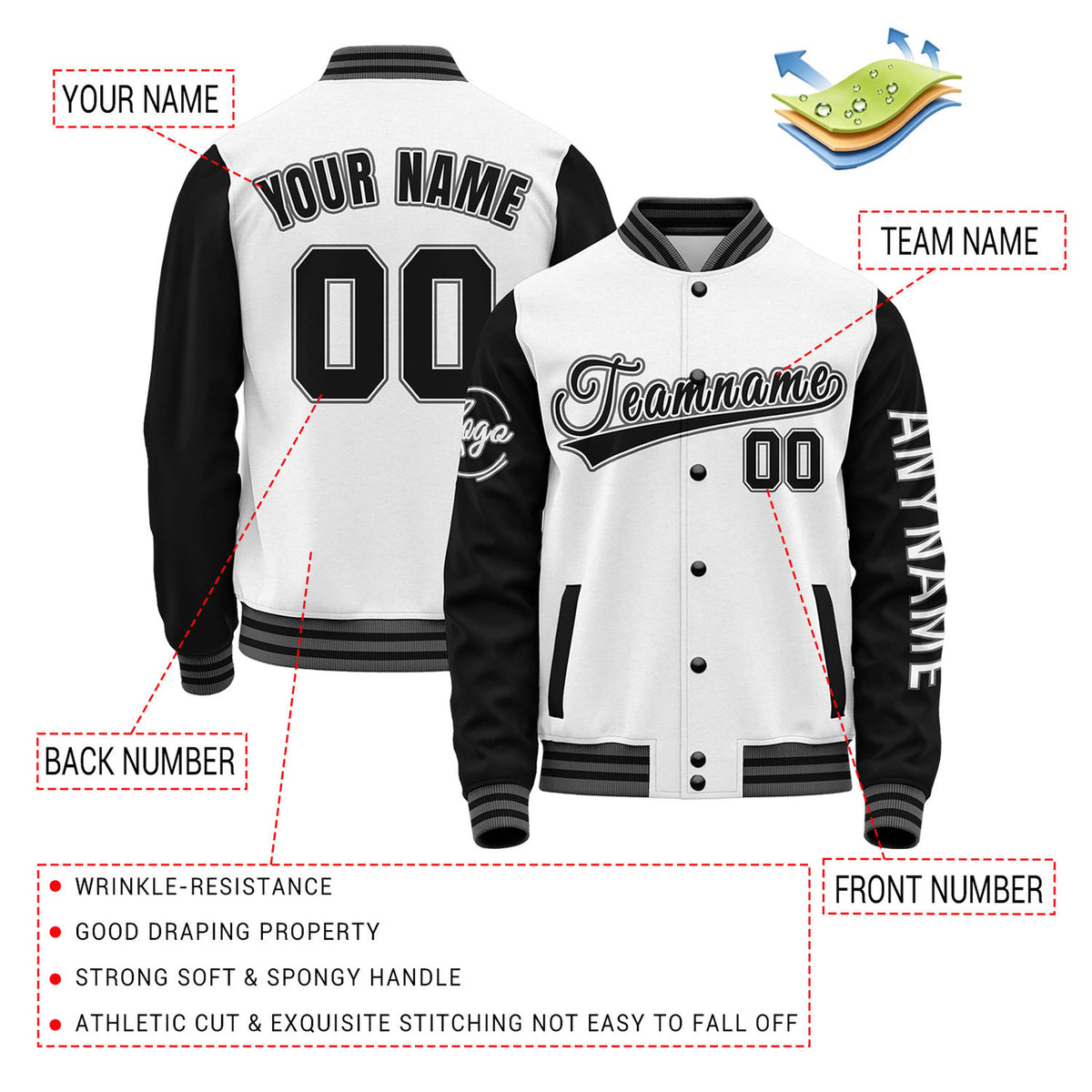 Custom White & Black Two Tone Varsity Letterman Jacket | Personalized Stitched Team Name Number Outerwear