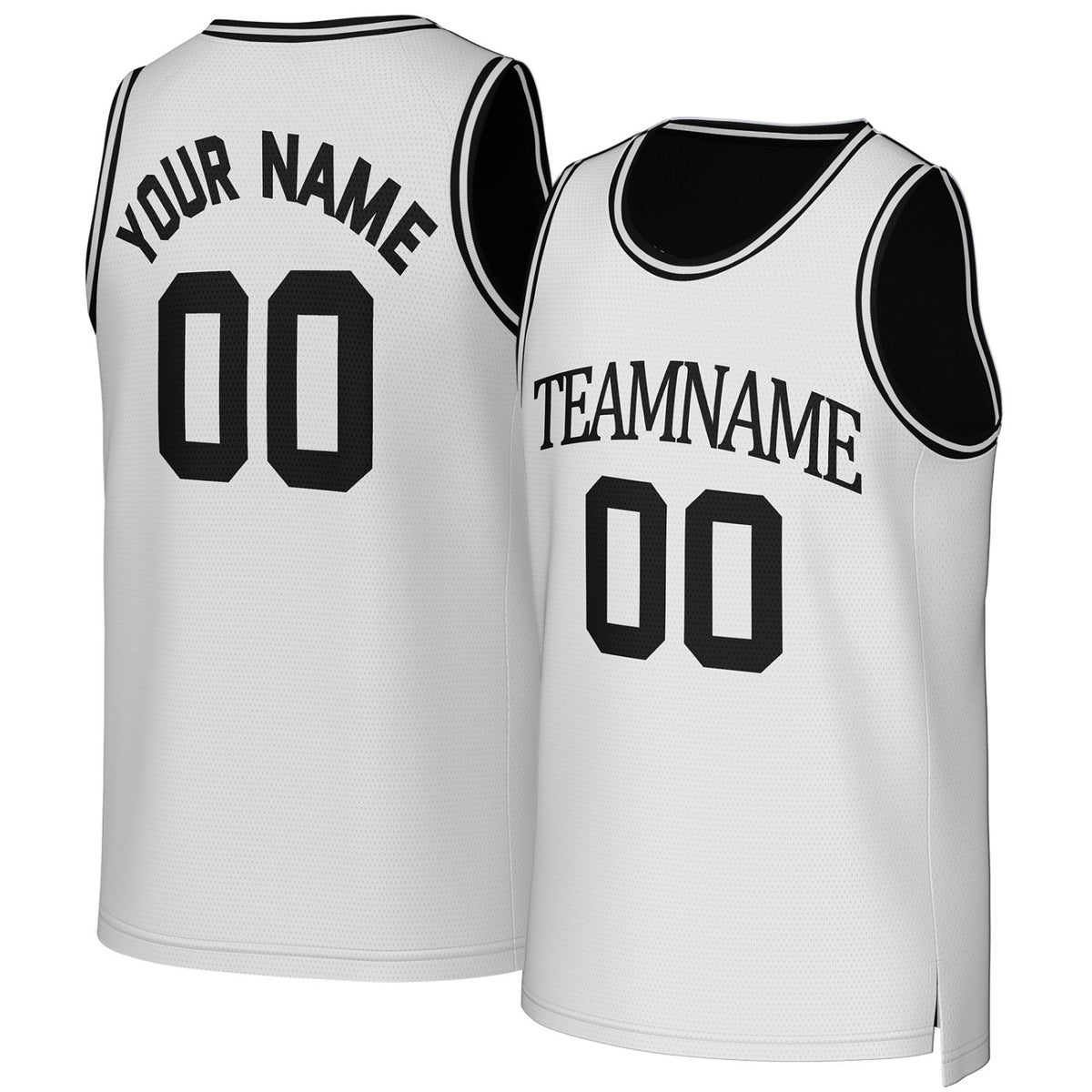 Custom white & black basketball jersey by Vosoli. Personalized with team name, player name, number, and logo. Breathable mesh jersey for high school, college, AAU teams.