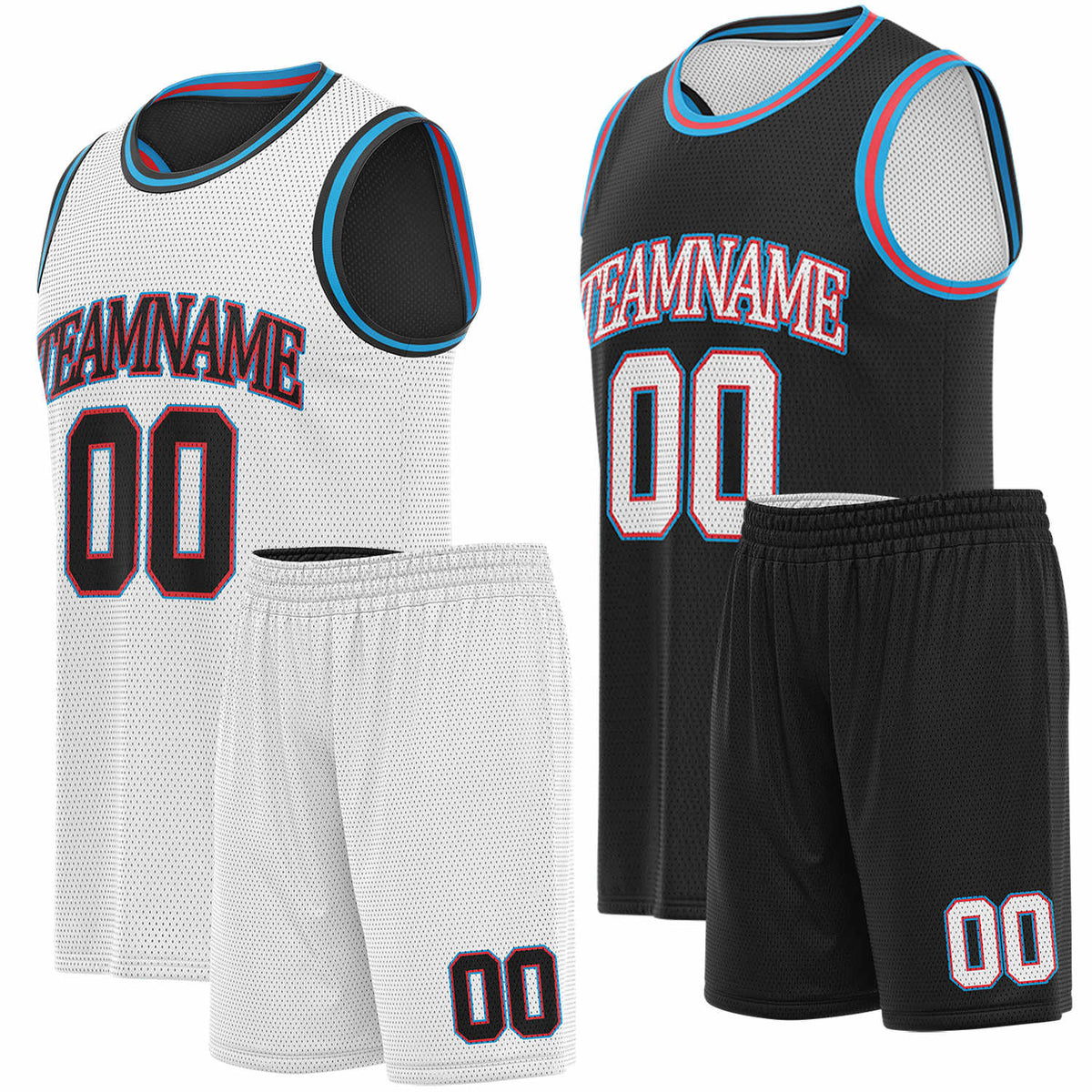Custom white, black, red &amp; blue basketball jersey set, personalized name number team logo, sleeveless jersey with matching shorts sports uniform for men women youth adult game practice - Vosoli