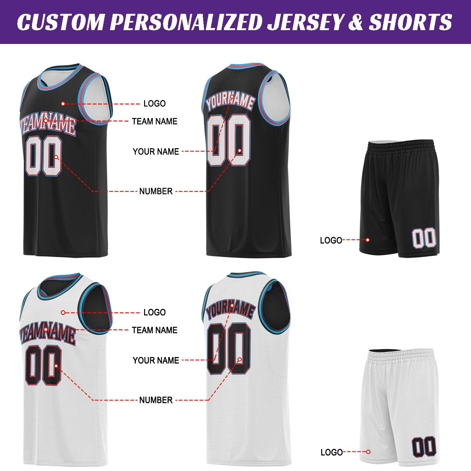 Custom white, black, red & blue basketball jersey set, personalized name number team logo, sleeveless jersey with matching shorts sports uniform for men women youth adult game practice - Vosoli