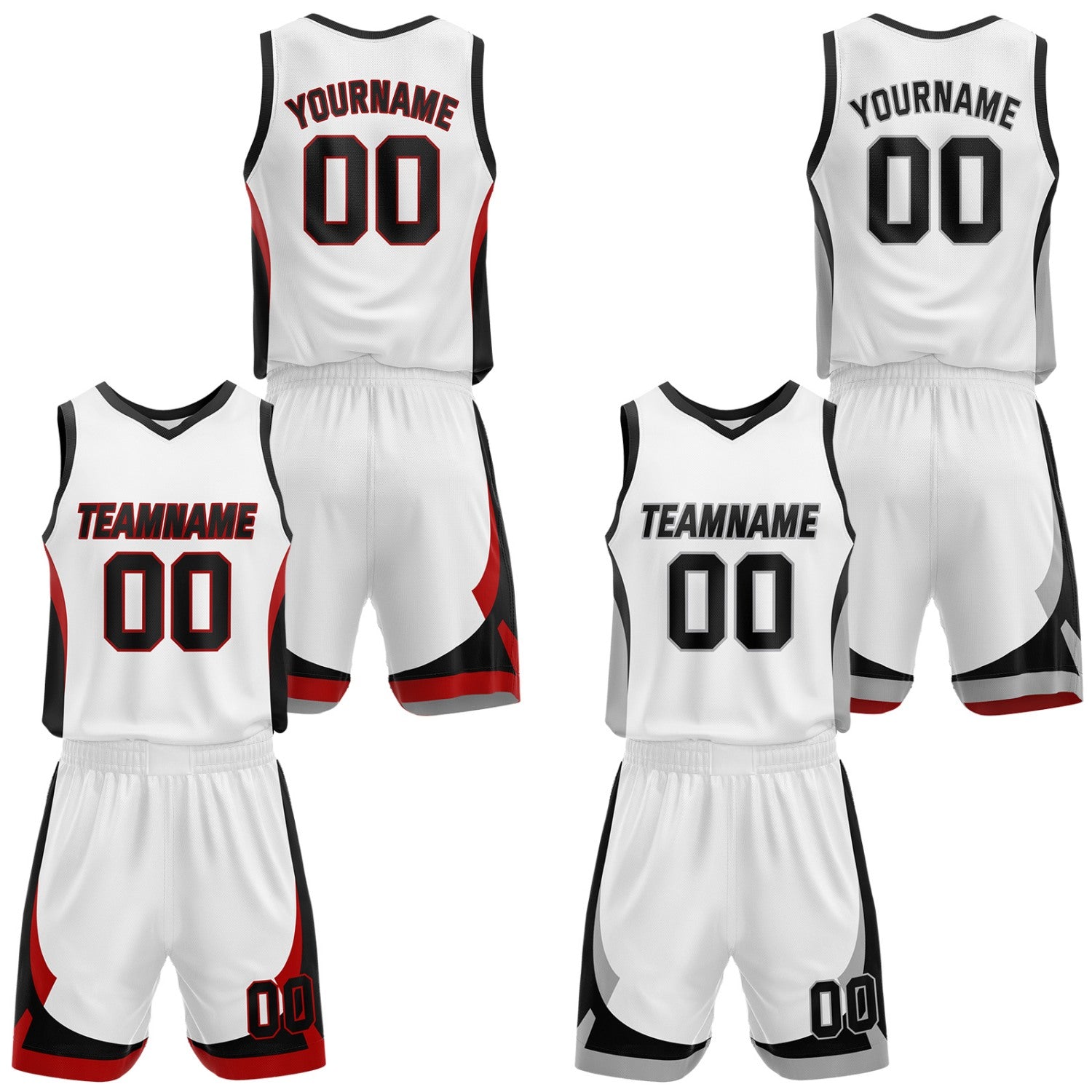 Custom white & black reversible basketball jersey set with shorts by Vosoli | Personalized team name, number & logo | Breathable mesh sport jersey uniform
