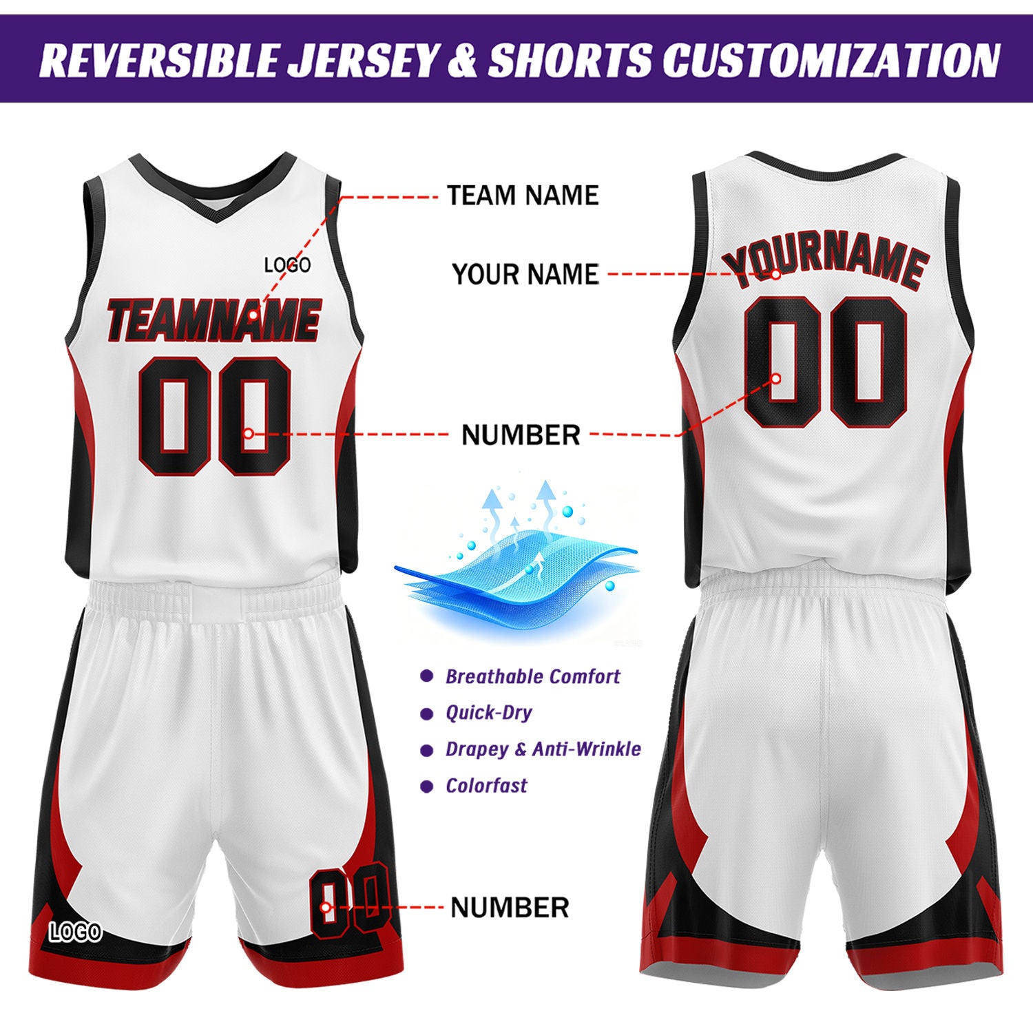 Custom White Black Reversible Basketball Jersey Set | Personalized Name Number Mesh Sports Uniform
