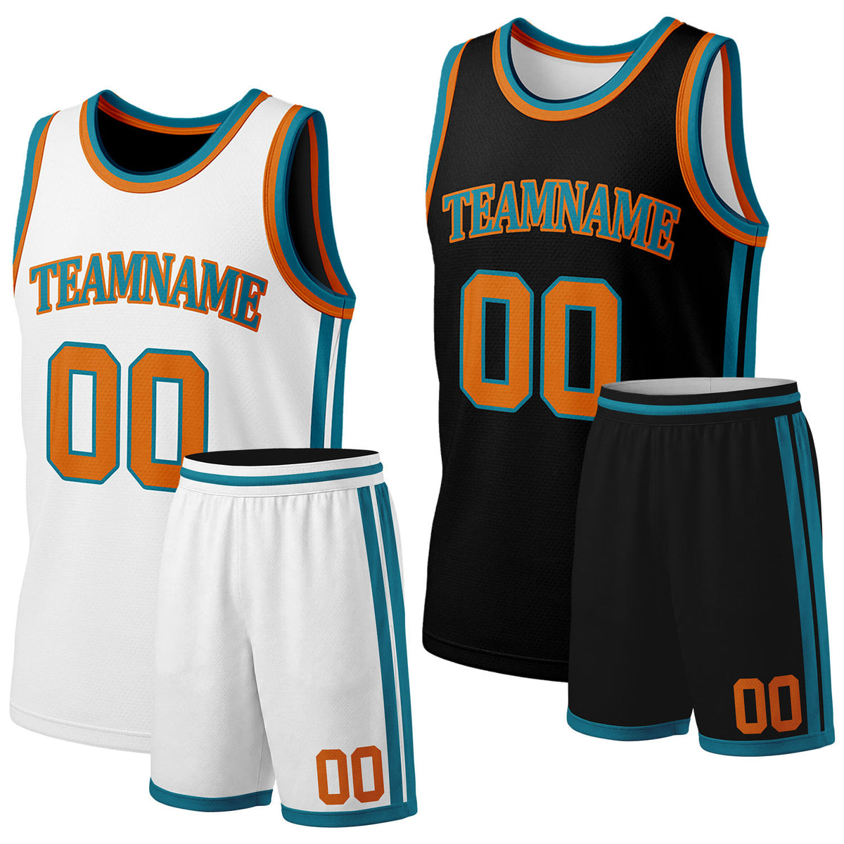 Custom white &amp; black reversible basketball jersey shorts set by Vosoli | Personalized team name &amp; number full team uniform sportswear