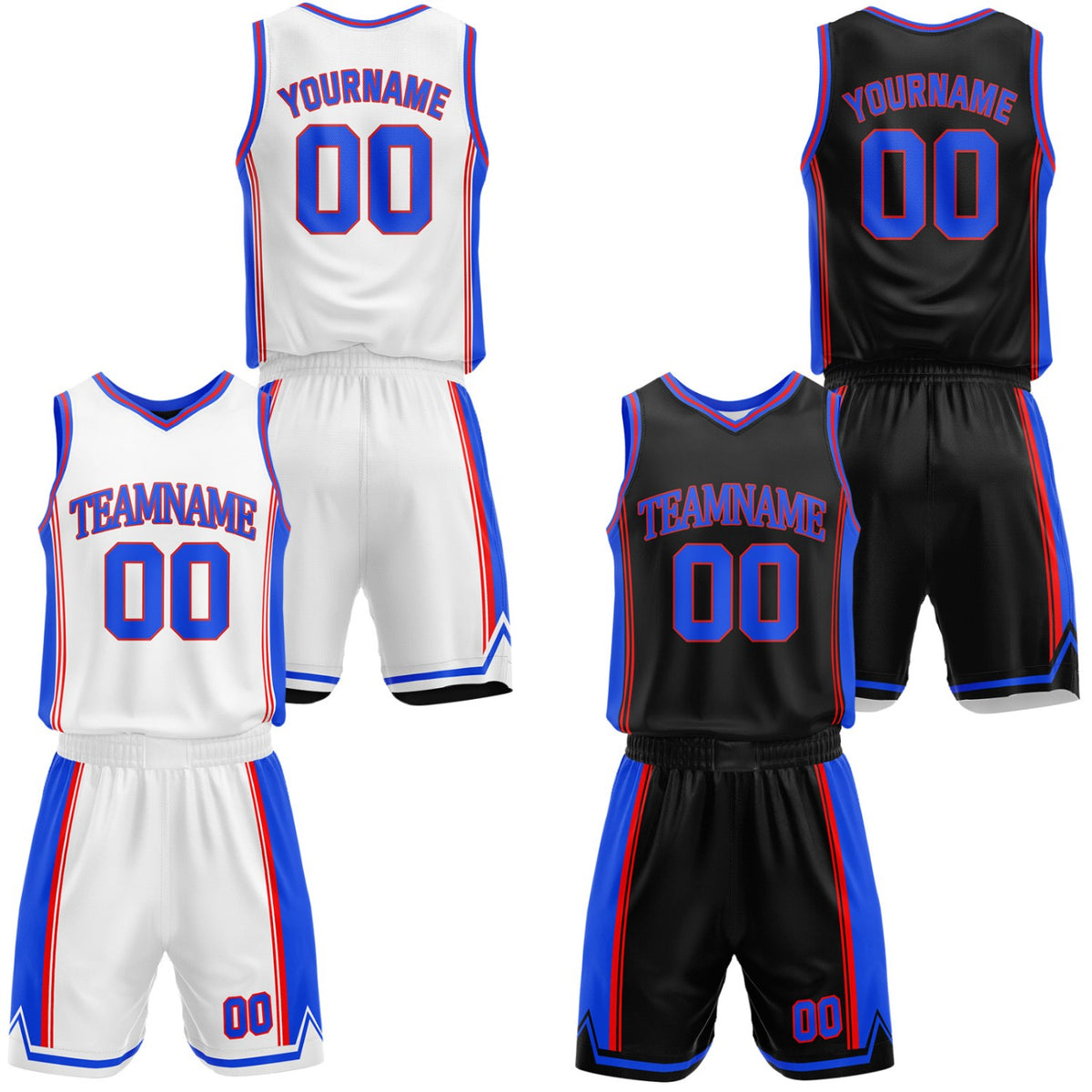 Custom white &amp; black reversible basketball jersey shorts set by Vosoli | Personalized team name number casual vintage uniform sportswear