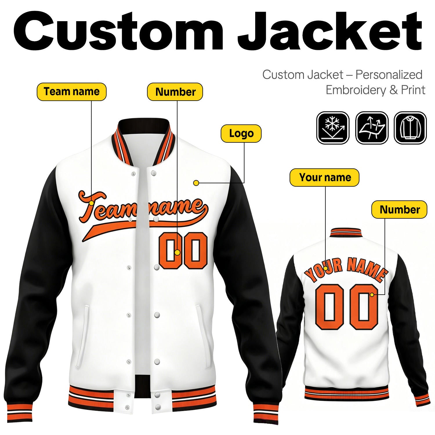Custom White & Black Contrast Sleeve Varsity Baseball Jacket | Personalized Team Name & Number