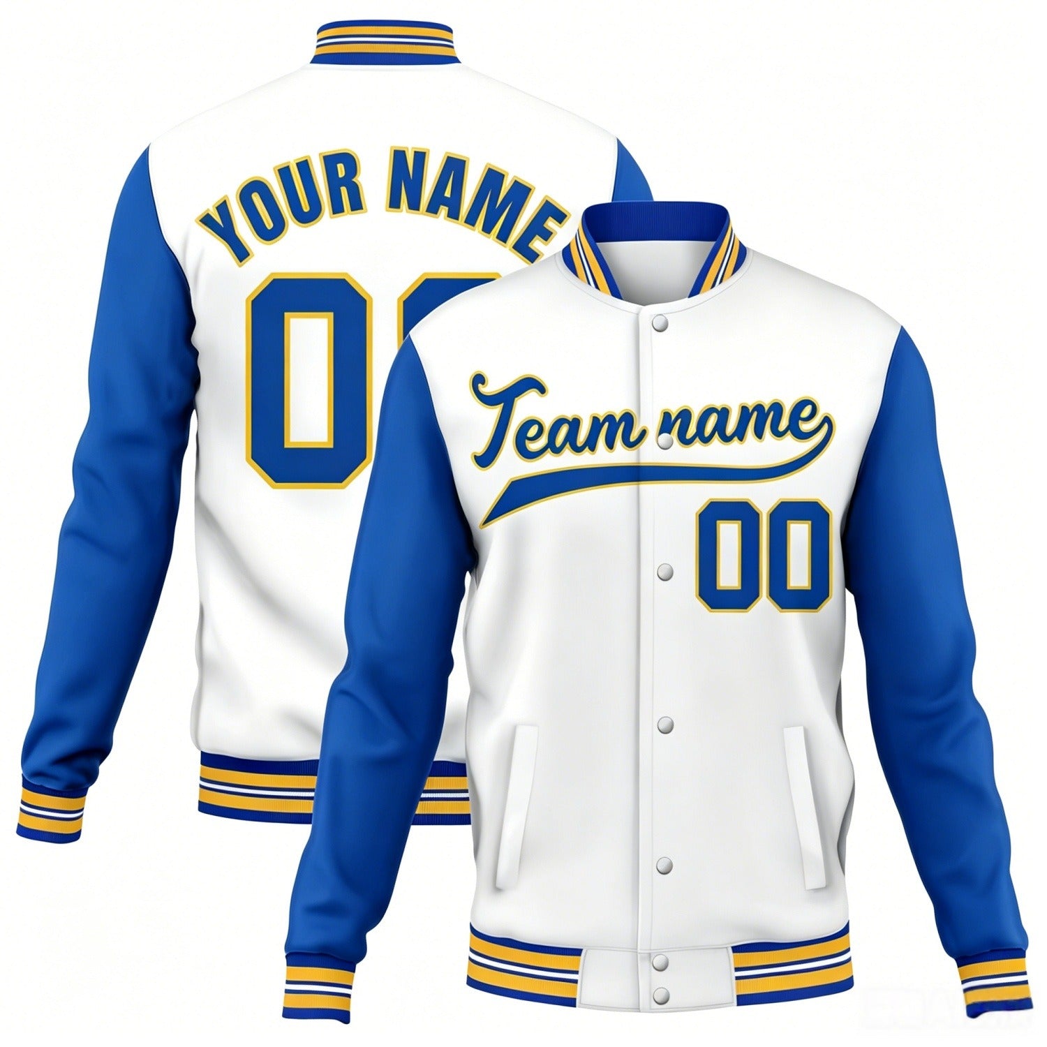 Custom white-blue contrast sleeve stitched varsity baseball jacket by Vosoli | Personalized team name & number jacket for youth & adults