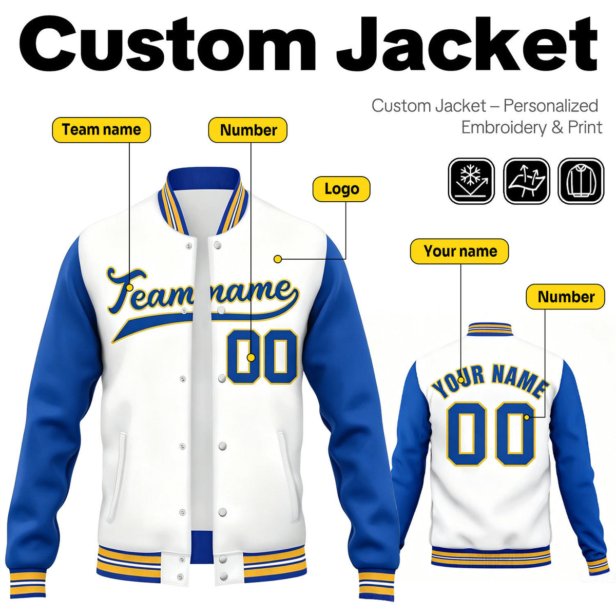 Custom White & Blue Contrast Sleeve Varsity Baseball Jacket | Personalized Team Name & Number