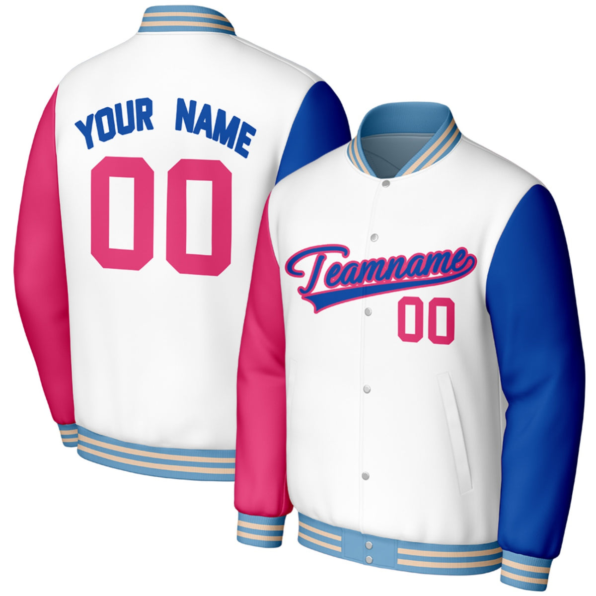 custom white blue college baseball team jackets by Vosoli, personalized stitched name, number &amp; logo, classic button up varsity letterman jacket for college baseball team and casual wear