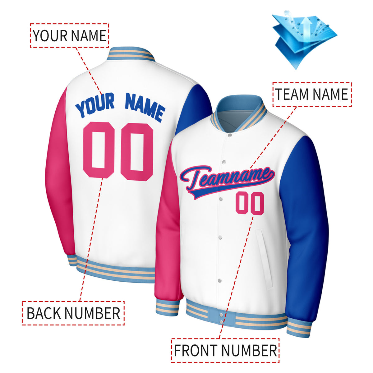 Custom White & Blue Varsity Baseball Jacket | Personalized Jacket with Stitched Name & Number for Adult & Youth