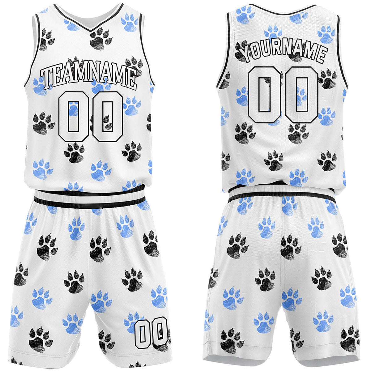 Custom white &amp; blue paw print basketball jersey &amp; shorts set by Vosoli | Personalized team name &amp; number sportswear