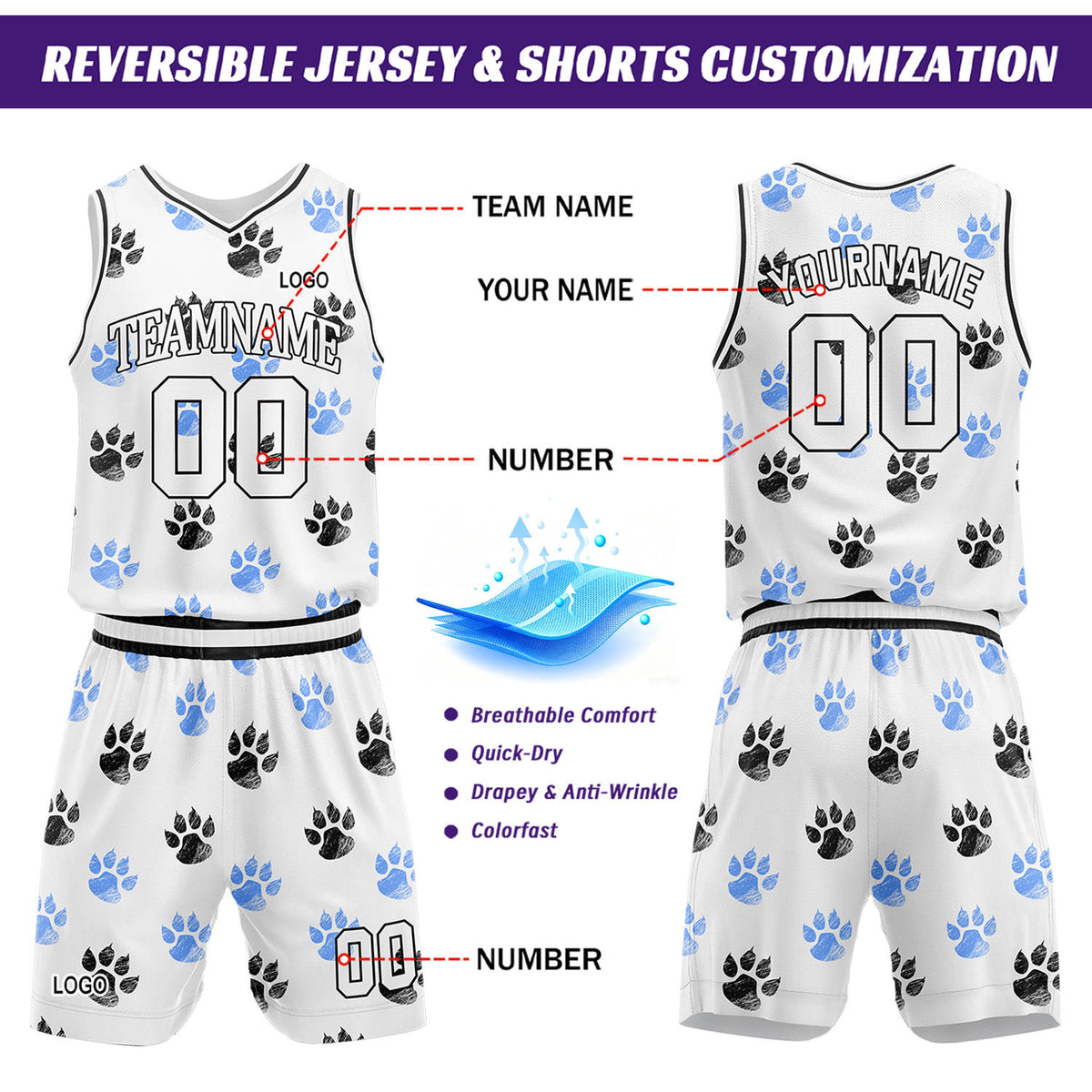 Custom White & Blue Paw Print Basketball Jersey & Shorts Set | Personalized Team Uniform
