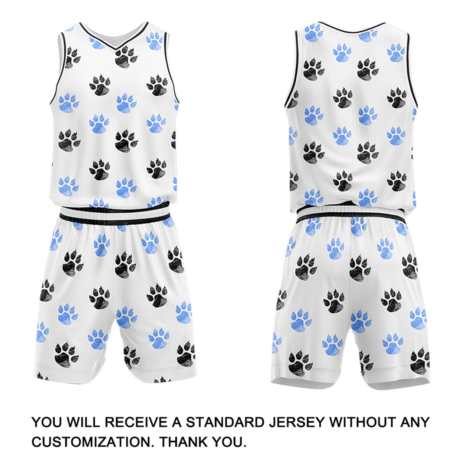 Custom White & Blue Paw Print Basketball Jersey & Shorts Set | Personalized Team Uniform