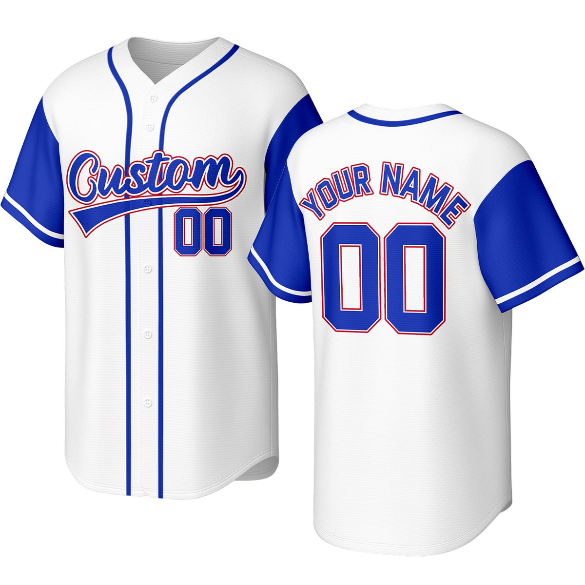 Custom white, blue &amp; red baseball jersey with logo, personalized name &amp; number, button-front short-sleeve sports uniform for team men women youth game practice - Vosoli